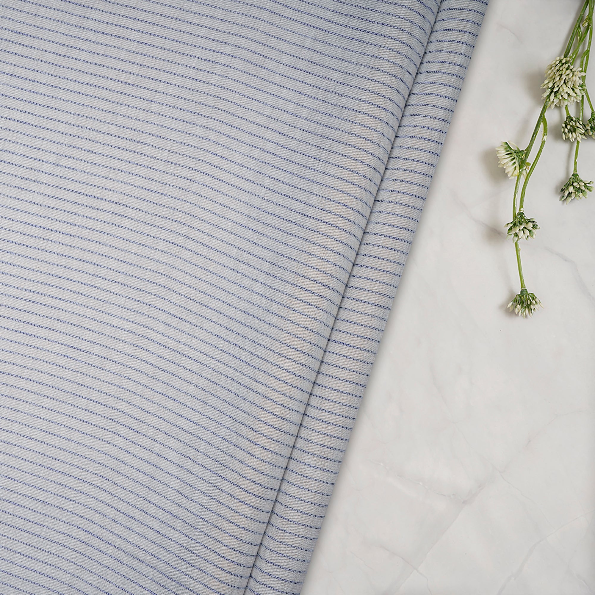 (Pre-Cut 1.00 Mtr) White-Blue Color Yarn Dyed Cotton Muslin Fabric