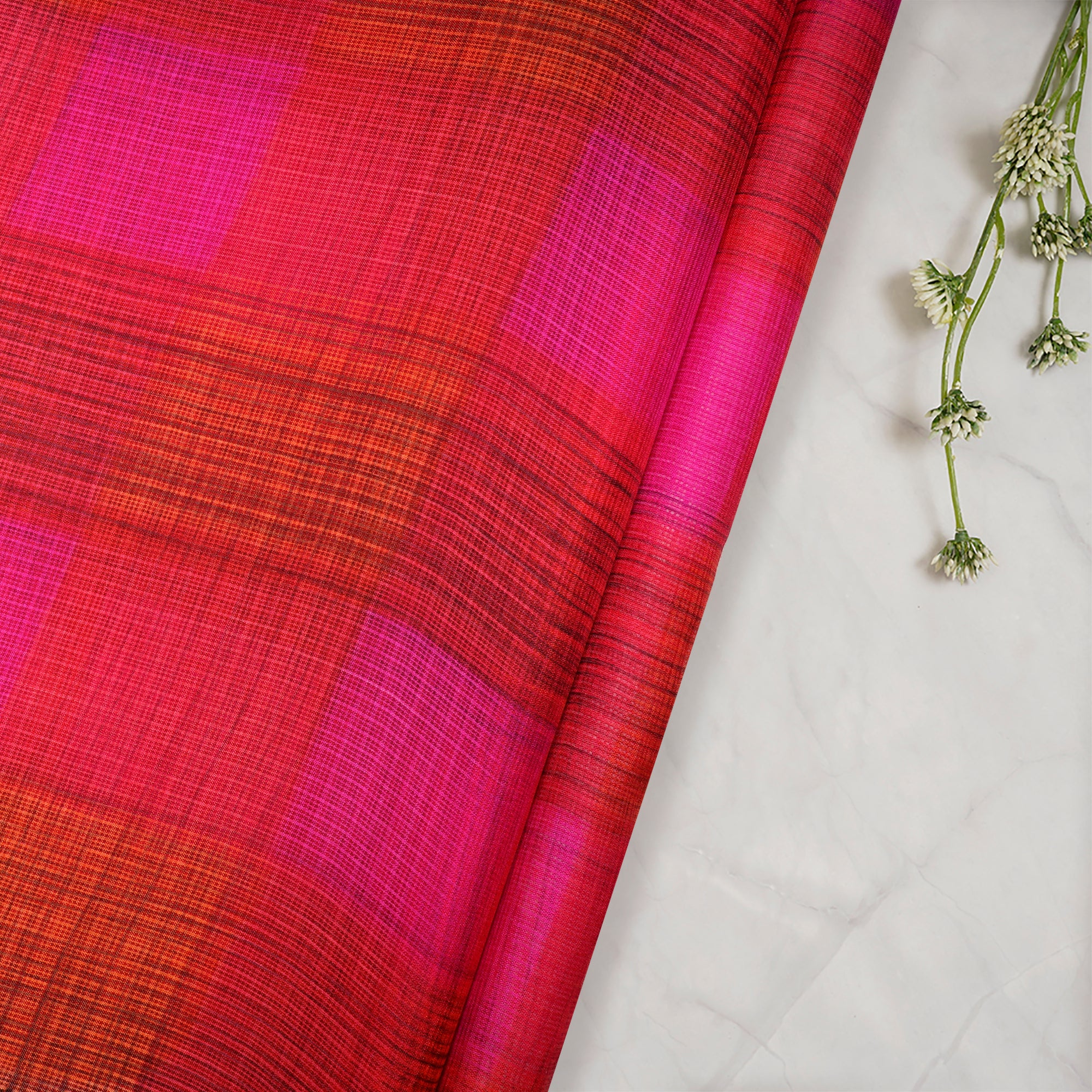 (Pre Cut 3.4Mtr )Red-Pink Color Printed Kota Silk Fabric