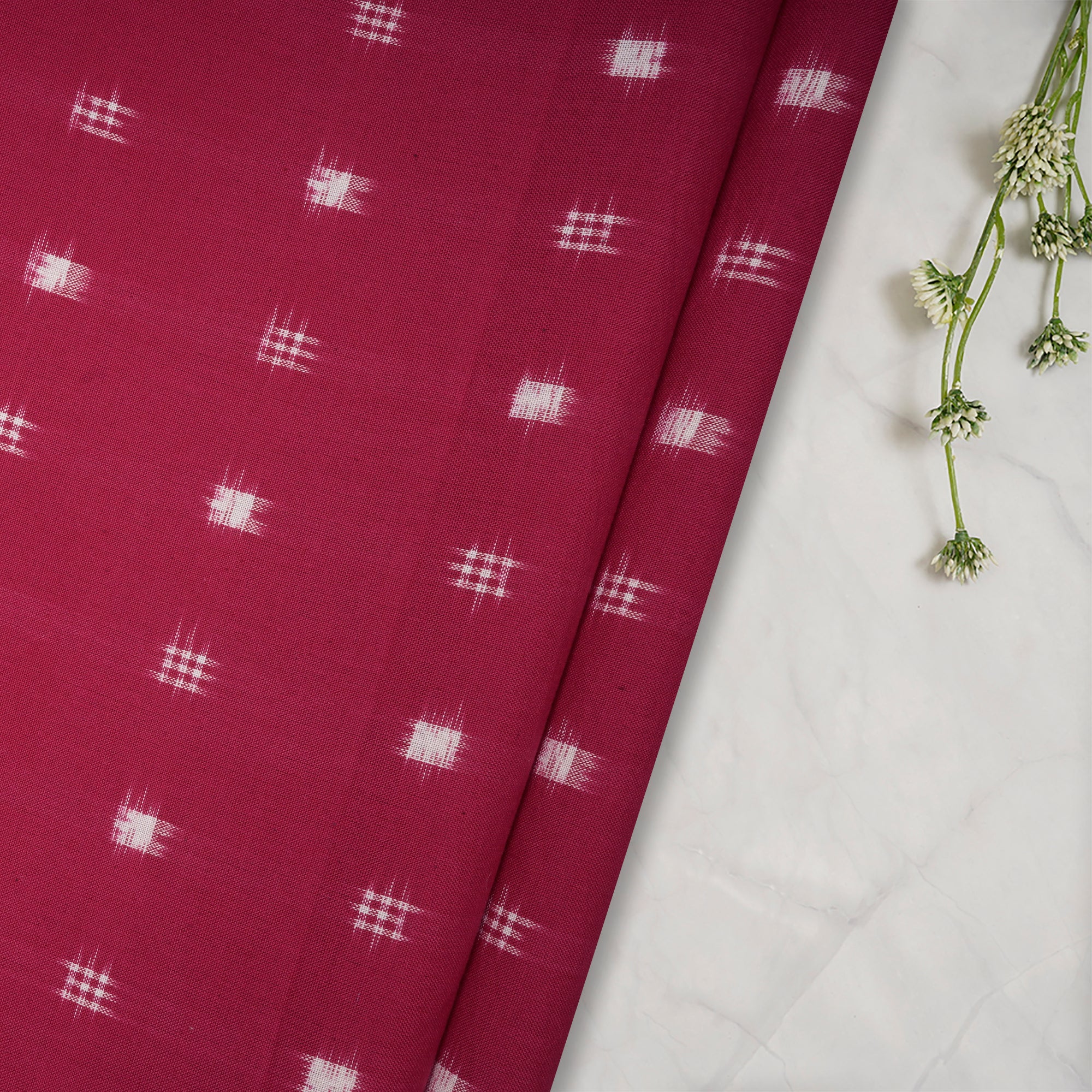 (Pre-Cut 1 Mtr) Rich Carmine Color Handwoven Pure Cotton Double Ikat Fabric