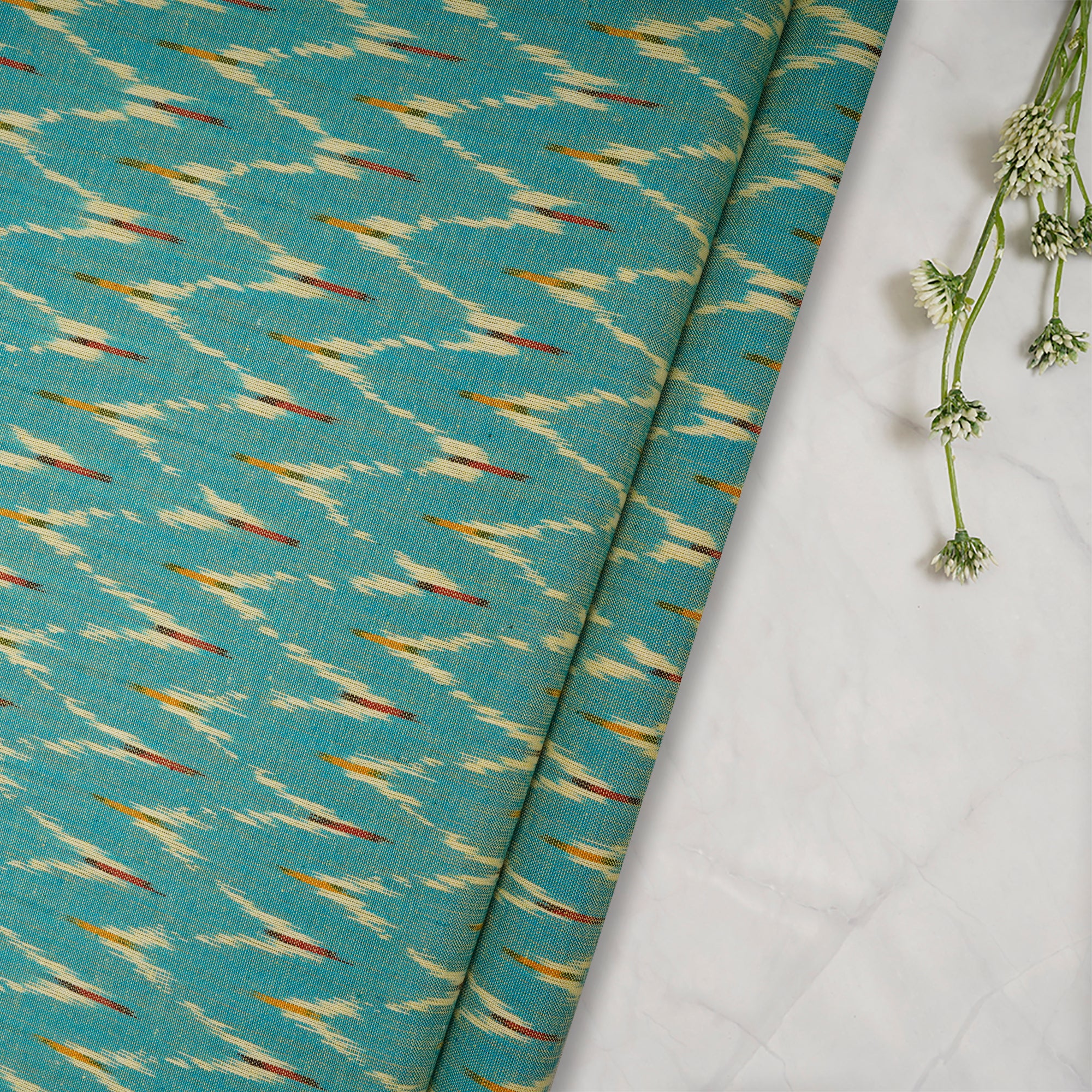 (Pre-Cut 1.00 Mtr ) Blue Color Handwoven Pure Cotton Ikat Fabric