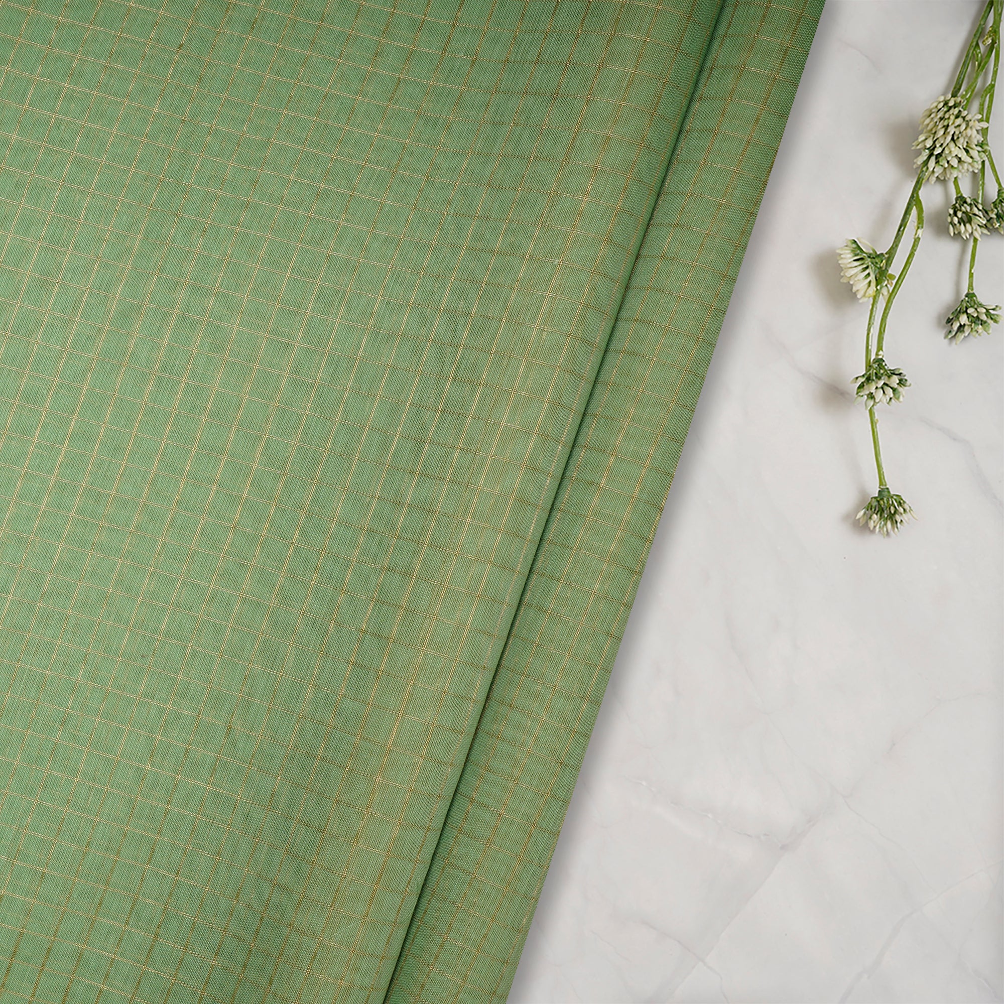 (Pre-Cut 2.50Mtr ) Green Color Zari Checked Cotton Fabric