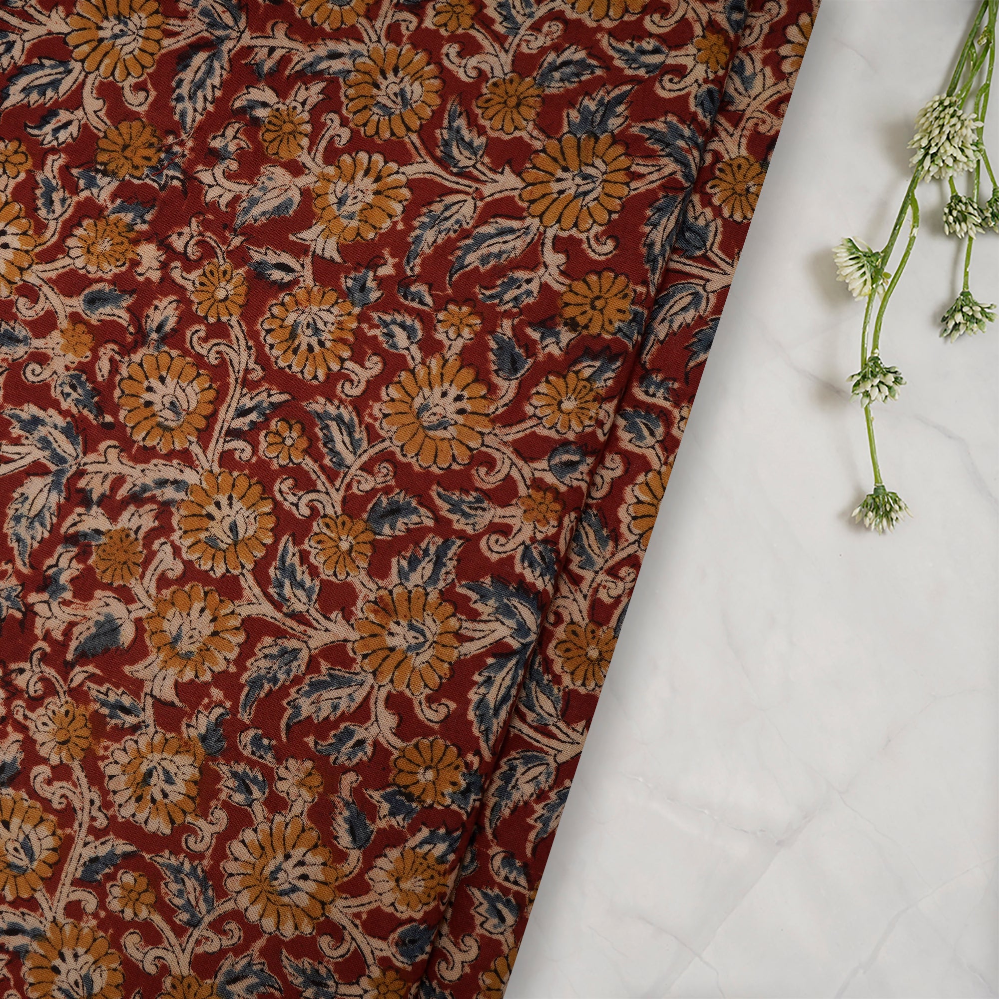 (Pre-Cut 1.00 Mtr) Red Handcrafted Kalamkari Printed Pure Cotton Fabric