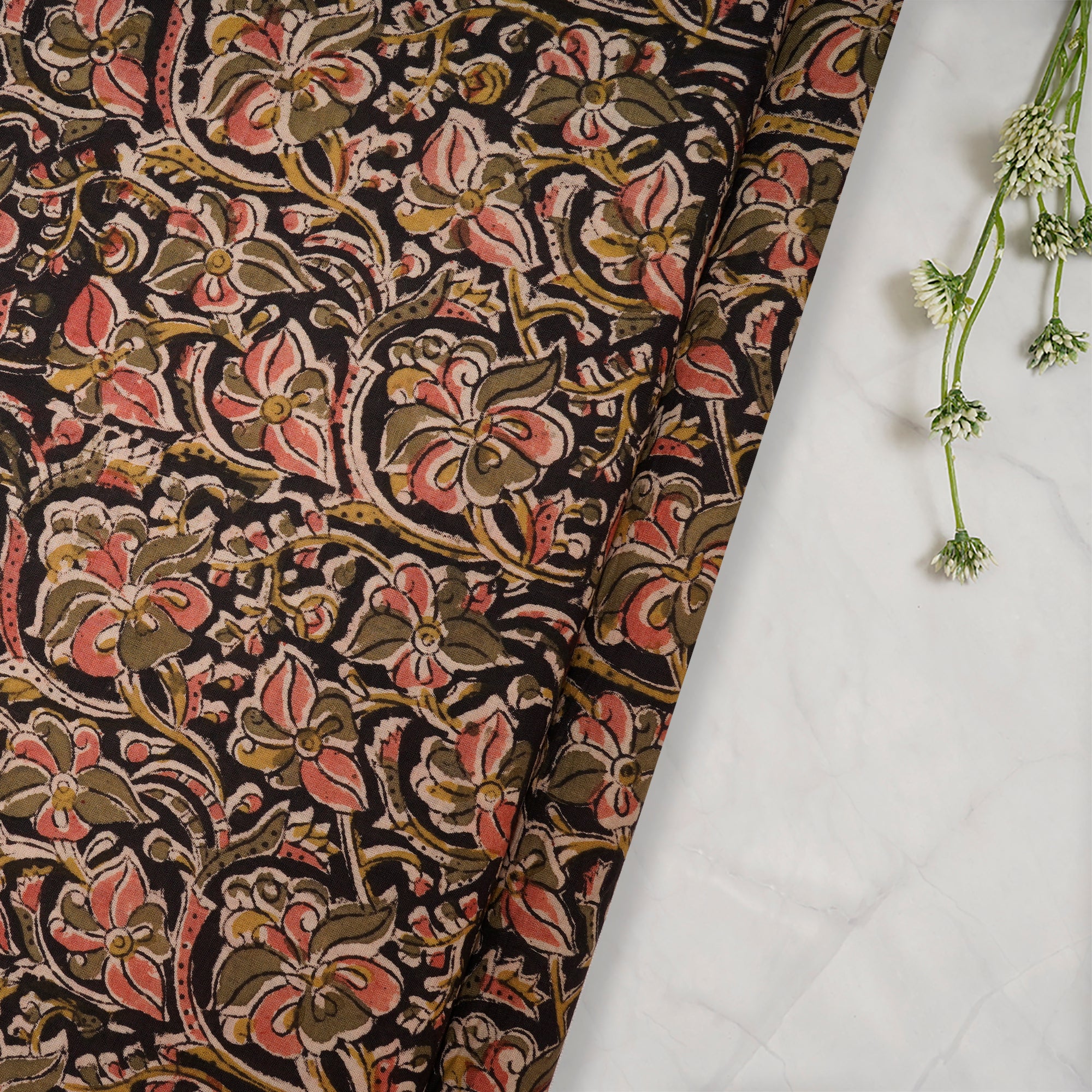 (Pre-Cut 3.40 Mtr)Black-Pink Handcrafted Kalamkari Printed Pure Cotton Fabric