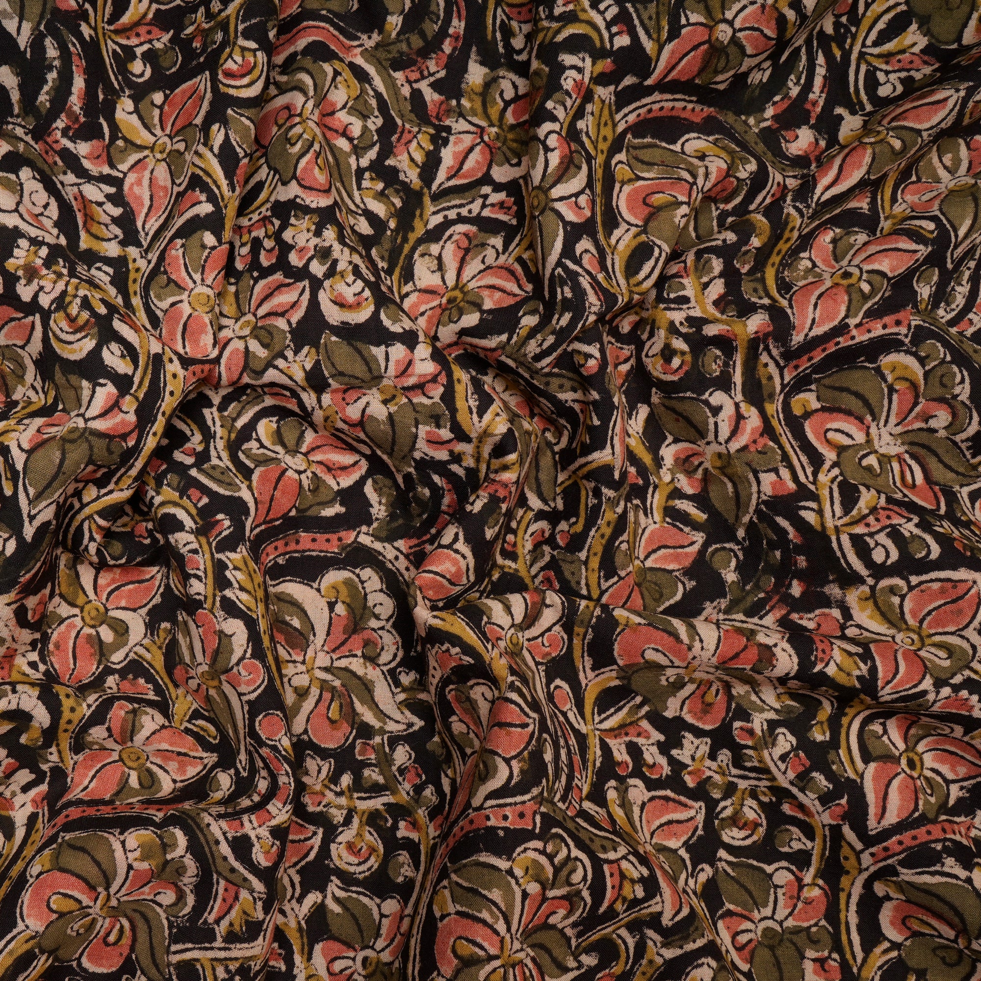 (Pre-Cut 3.40 Mtr)Black-Pink Handcrafted Kalamkari Printed Pure Cotton Fabric