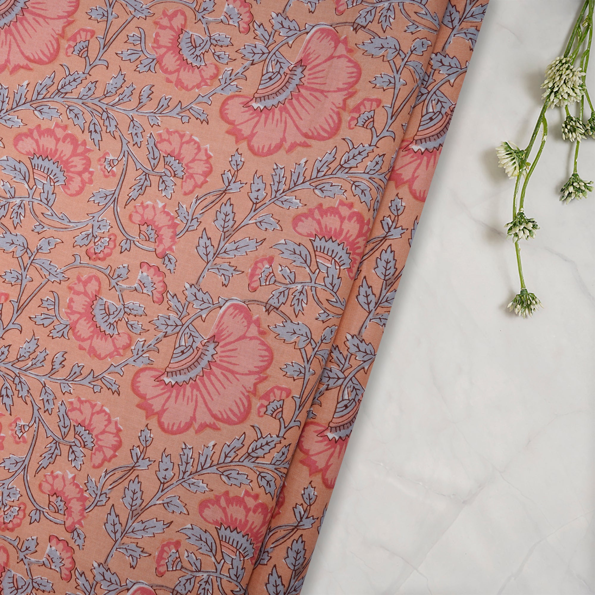(Pre-Cut 1.00 Mtr) Multi Color Hand Block Printed Cotton Fabric