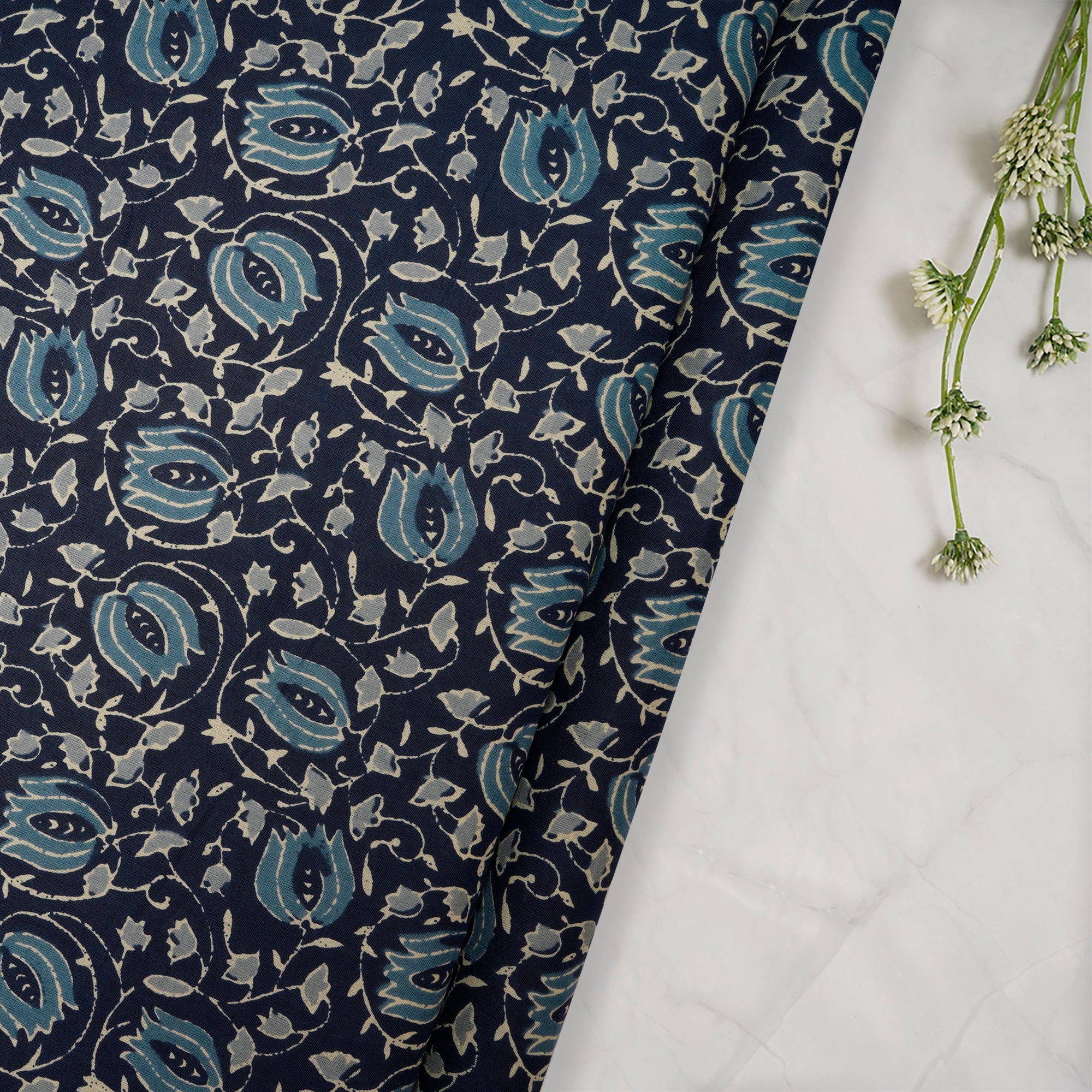 (Pre-Cut 2.30 Mtr )Navy Blue Floral Pattern Hand Block Printed Cotton Fabric