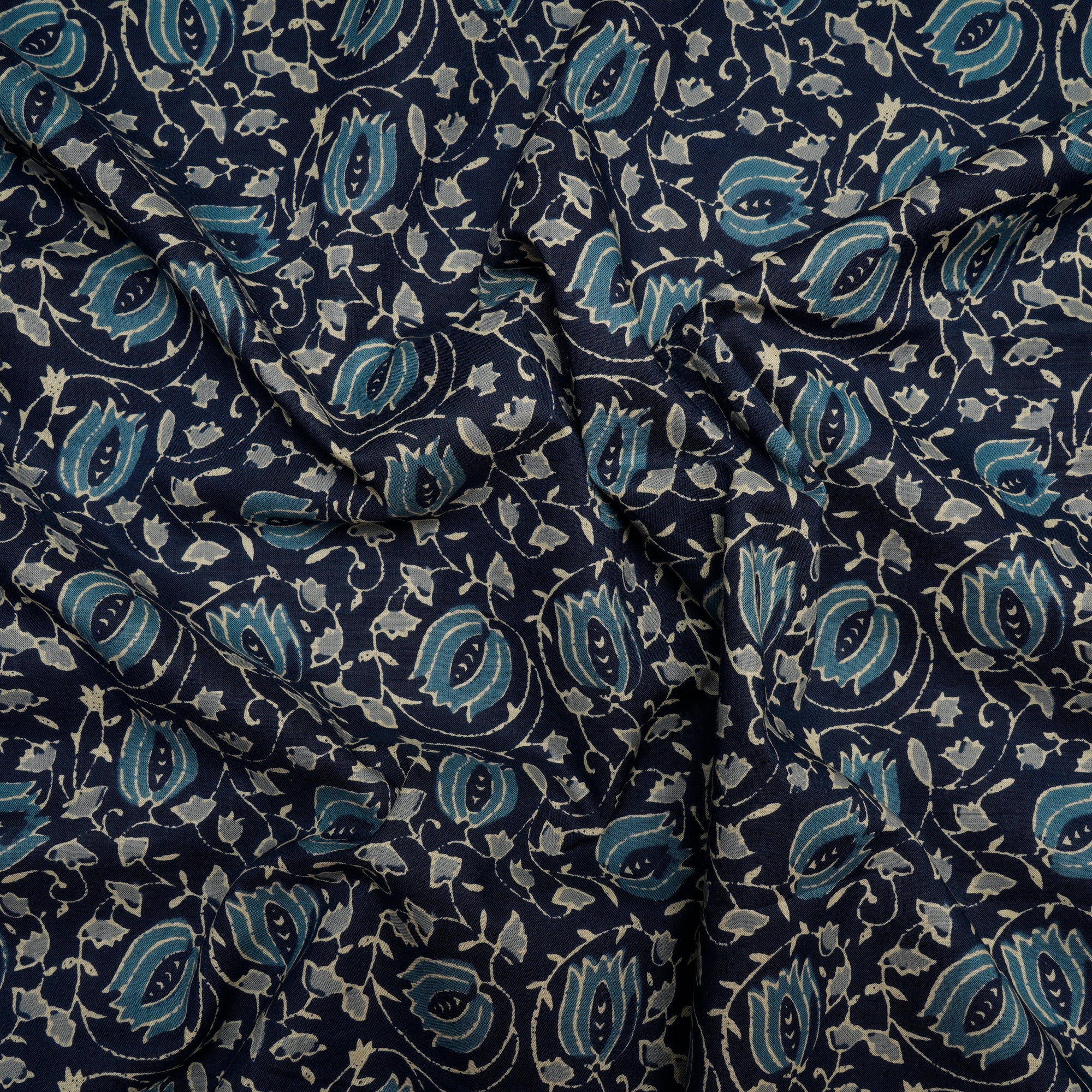(Pre-Cut 2.30 Mtr )Navy Blue Floral Pattern Hand Block Printed Cotton Fabric