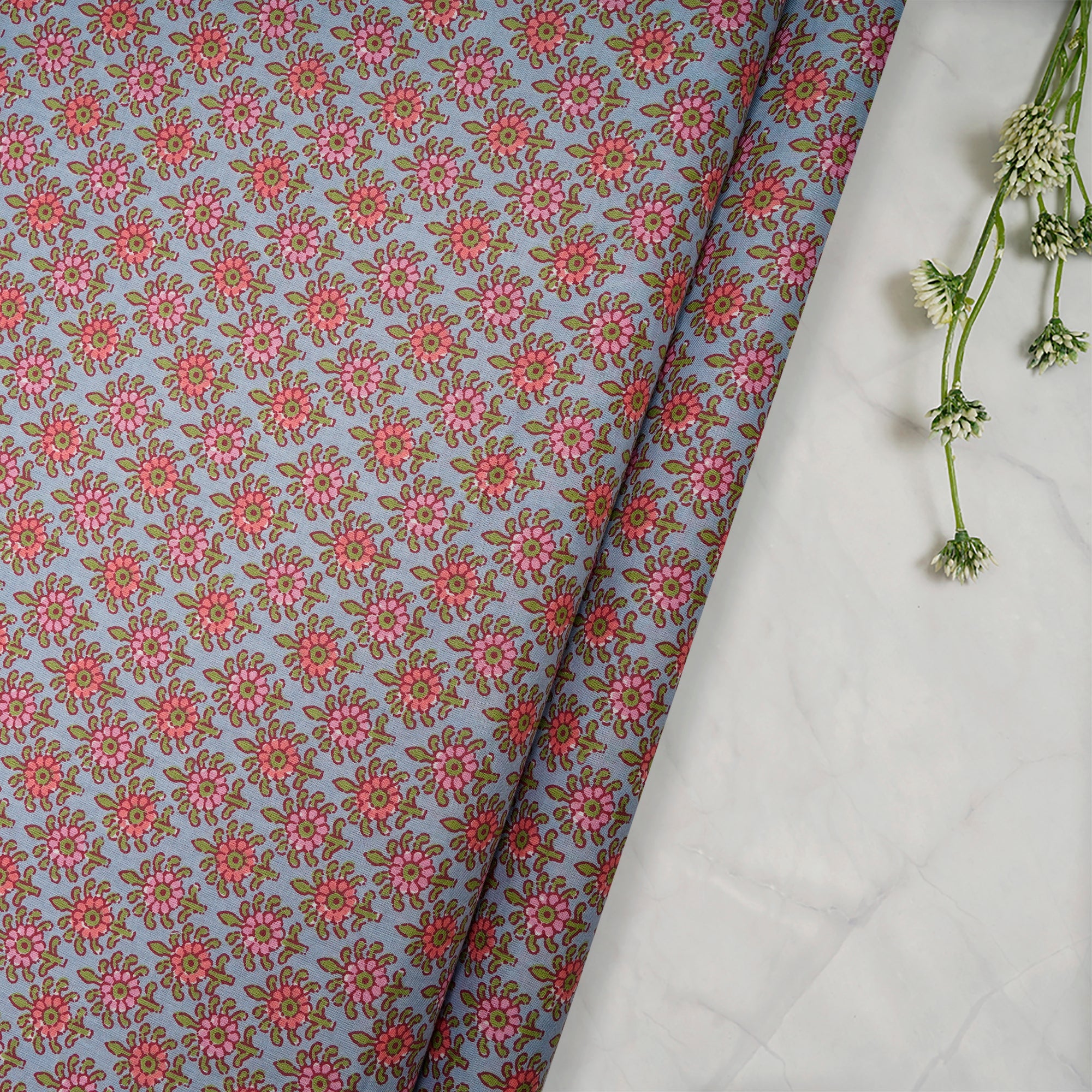 (Pre-Cut 2.40 Mtr)Light Steel Blue Hand Block Printed Cotton Fabric