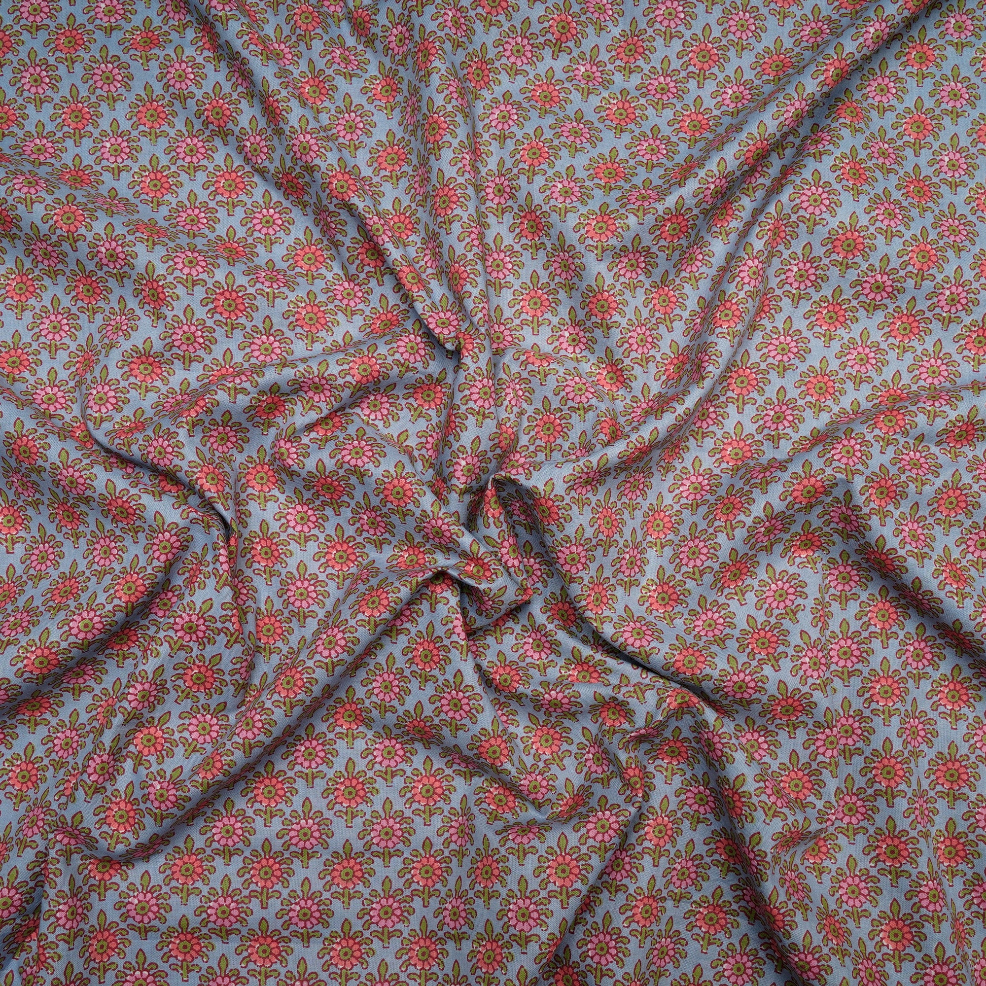 (Pre-Cut 2.40 Mtr)Light Steel Blue Hand Block Printed Cotton Fabric