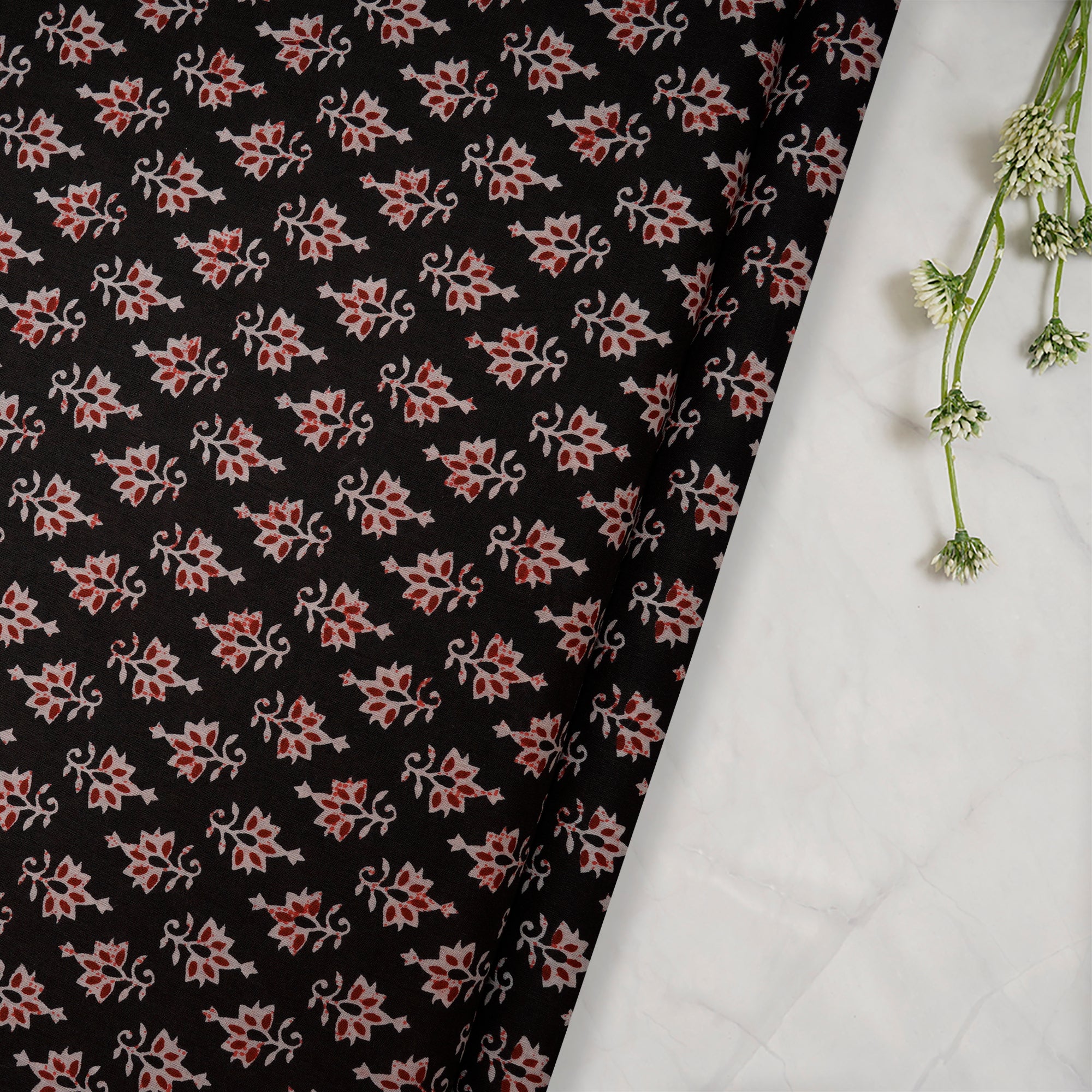 (Pre-Cut 2.50 Mtr )Black Hand Block Printed Cotton Fabric