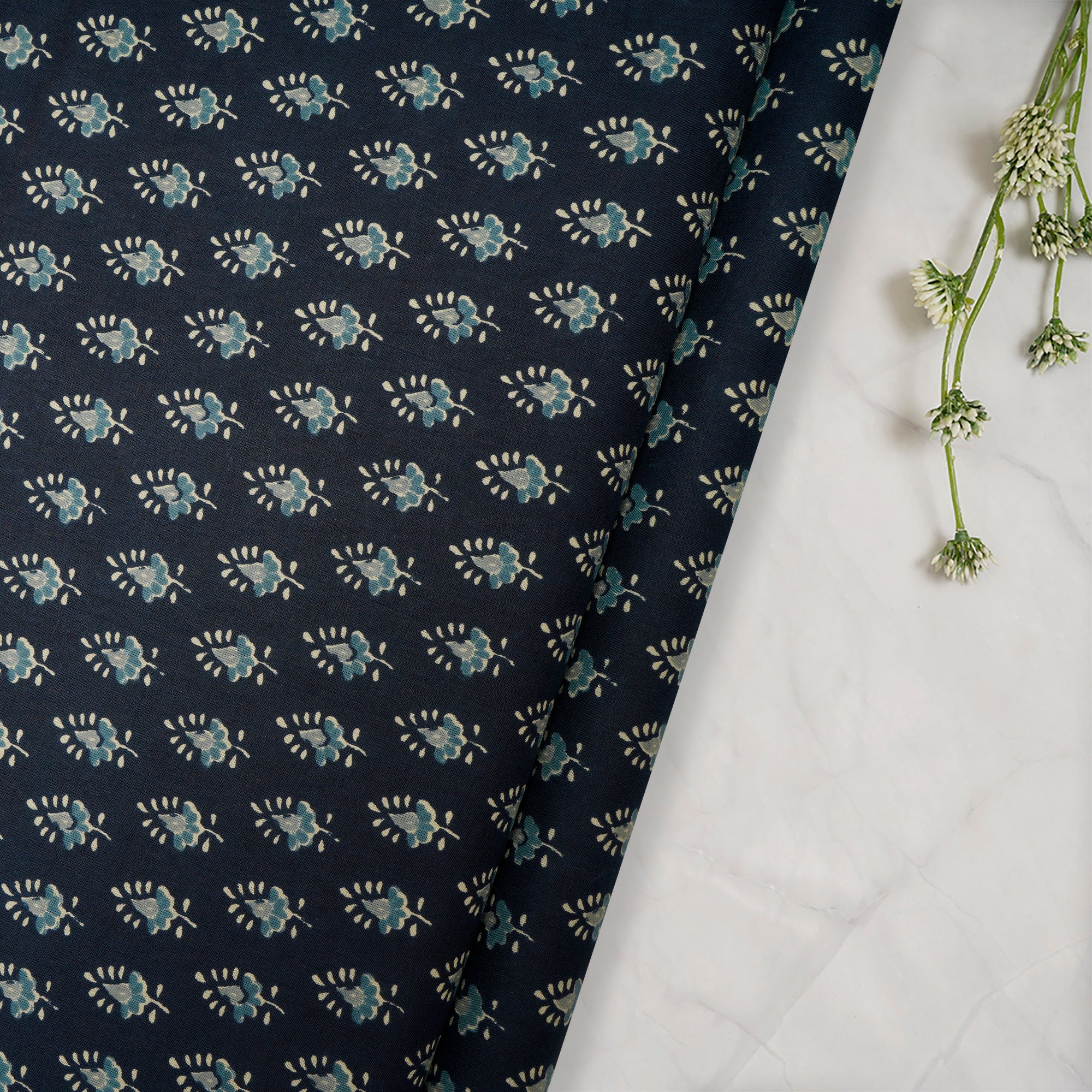 (Pre Cut 2.50 Mtr )Navy Blue Booti Pattern Hand Block Printed Cotton Fabric
