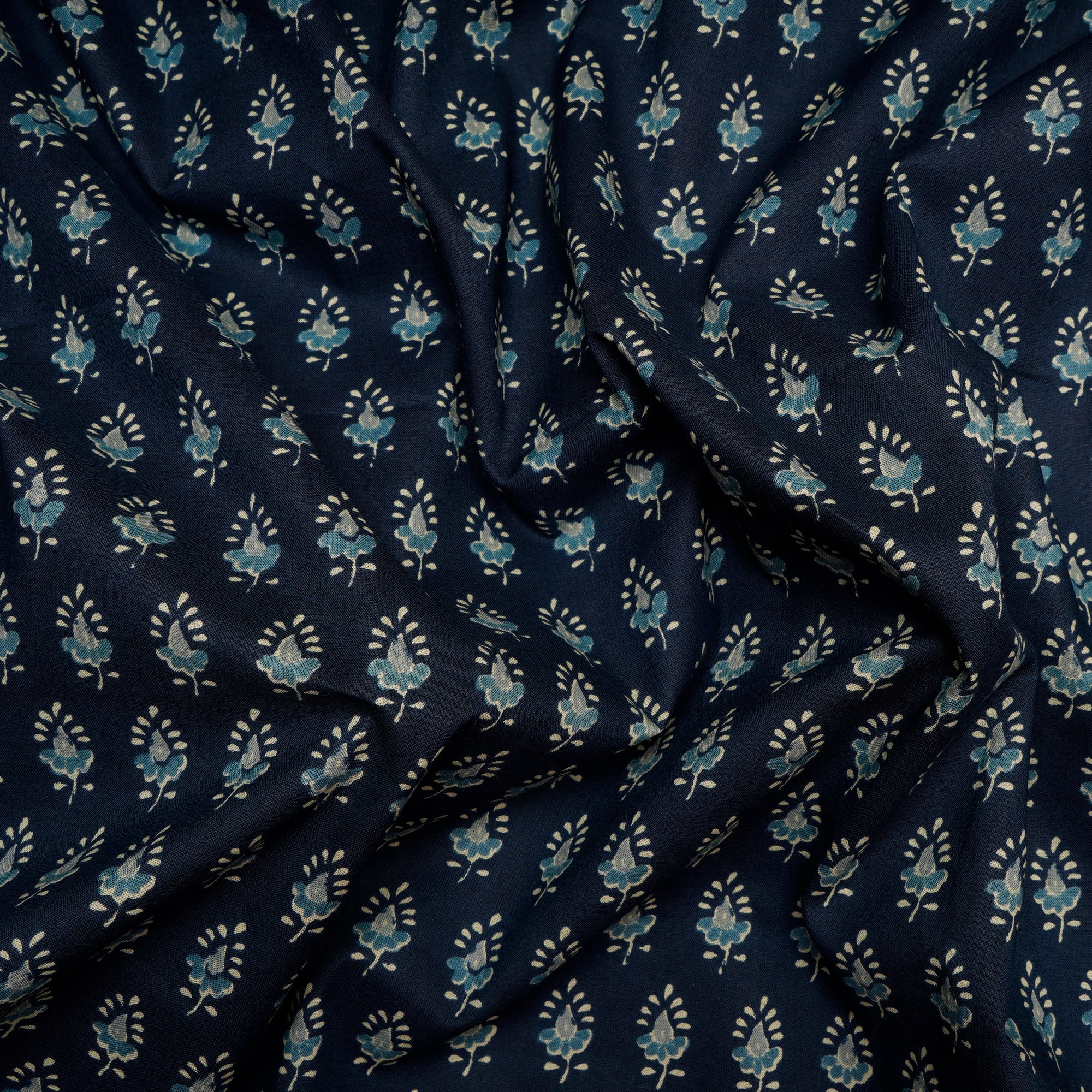(Pre Cut 2.50 Mtr )Navy Blue Booti Pattern Hand Block Printed Cotton Fabric