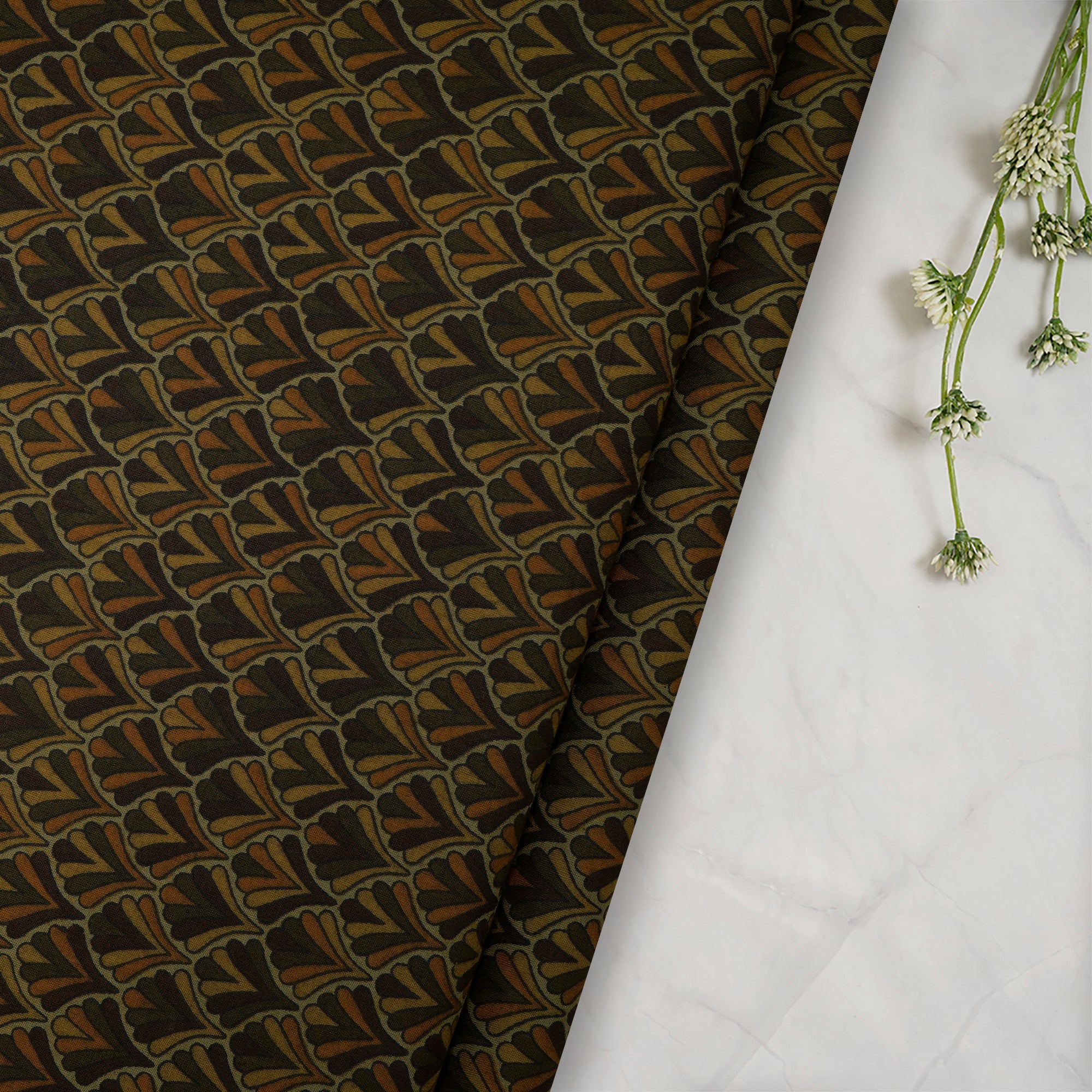 (Pre-Cut 2.50 Mtr) Green Hand Block Printed Cotton Fabric