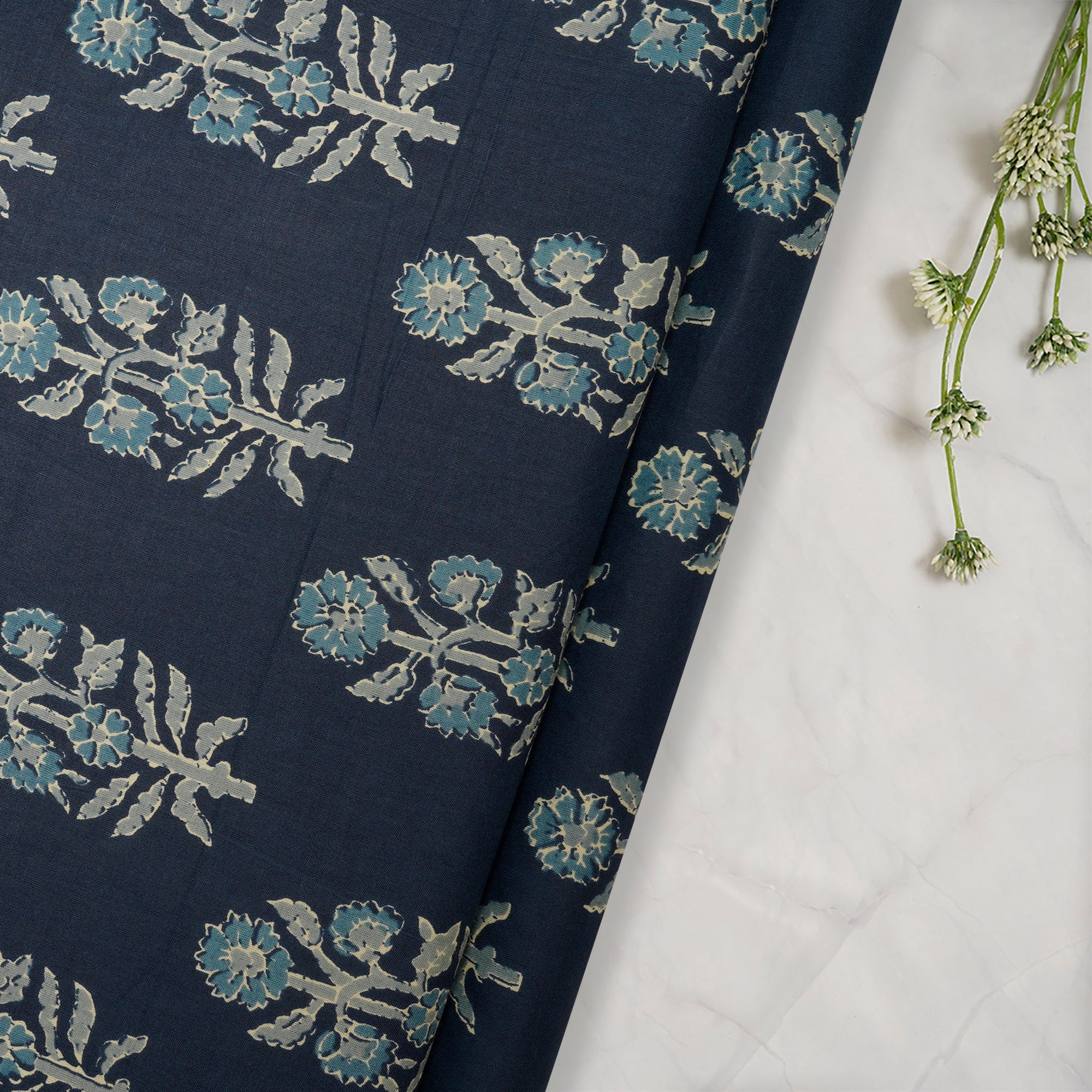 (Pre Cut 3.40Mtr )Navy Blue Hand Block Printed Cotton Fabric