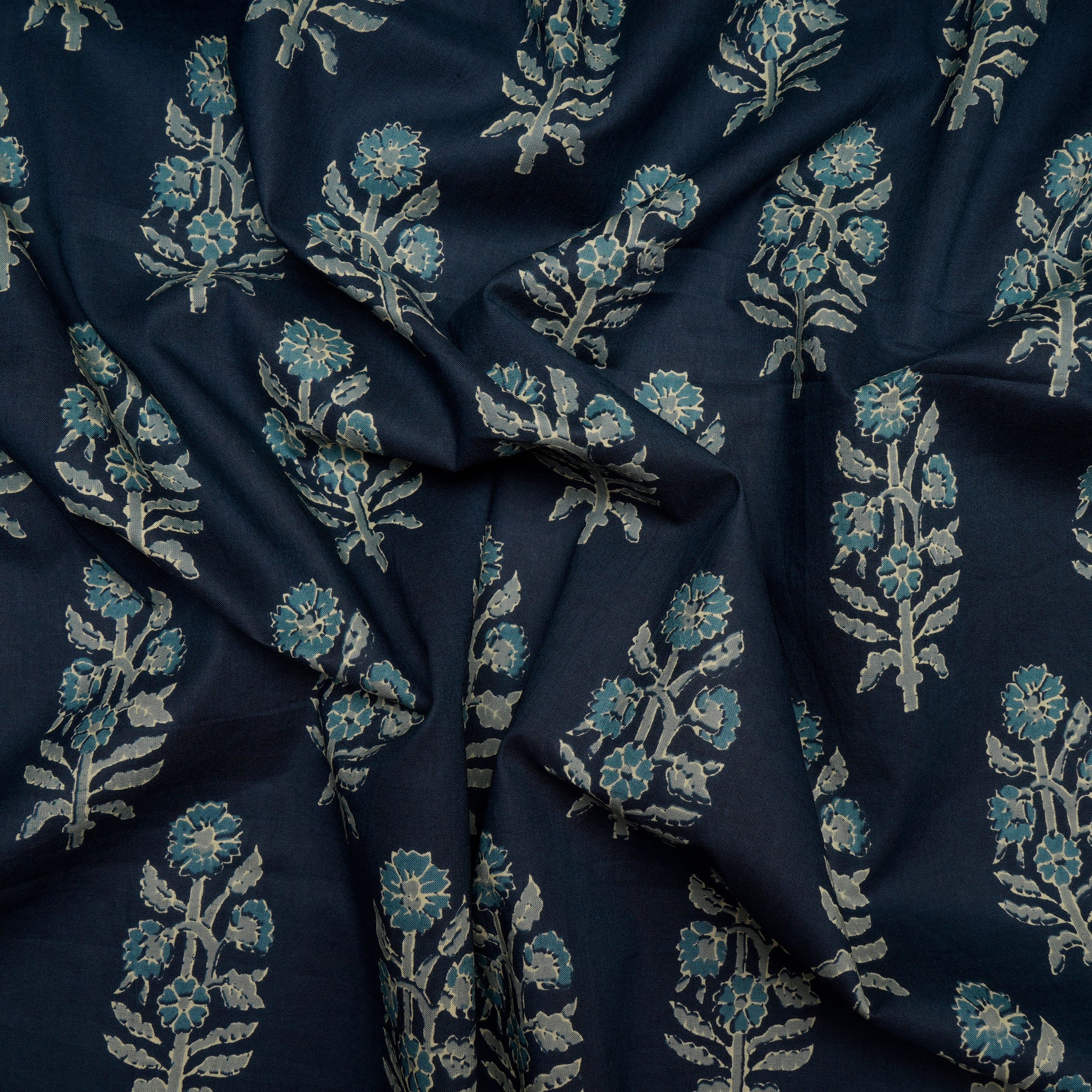 (Pre Cut 3.40Mtr )Navy Blue Hand Block Printed Cotton Fabric