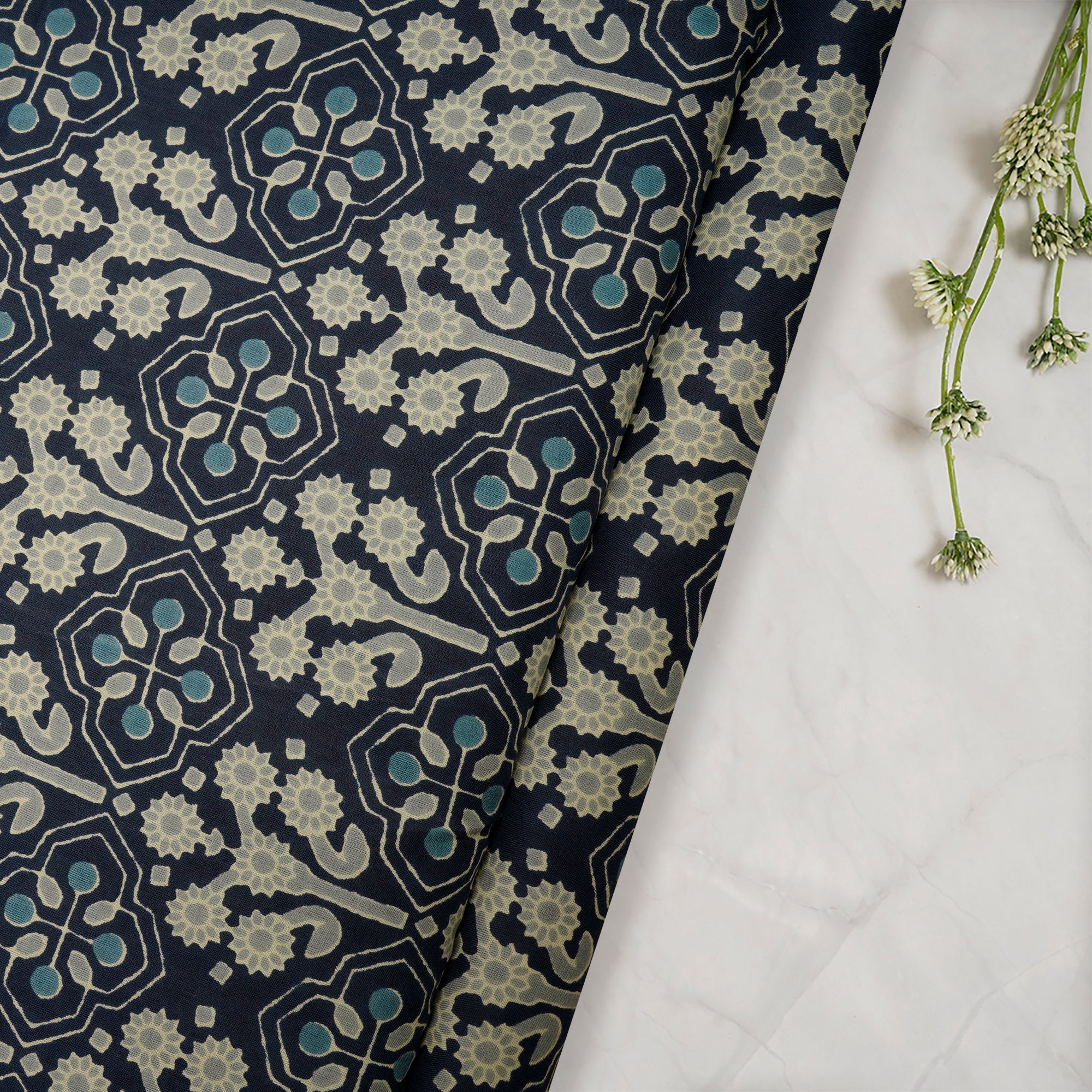(Pre Cut 3.85Mtr ) Navy Blue Color Hand Block Printed Cotton Fabric
