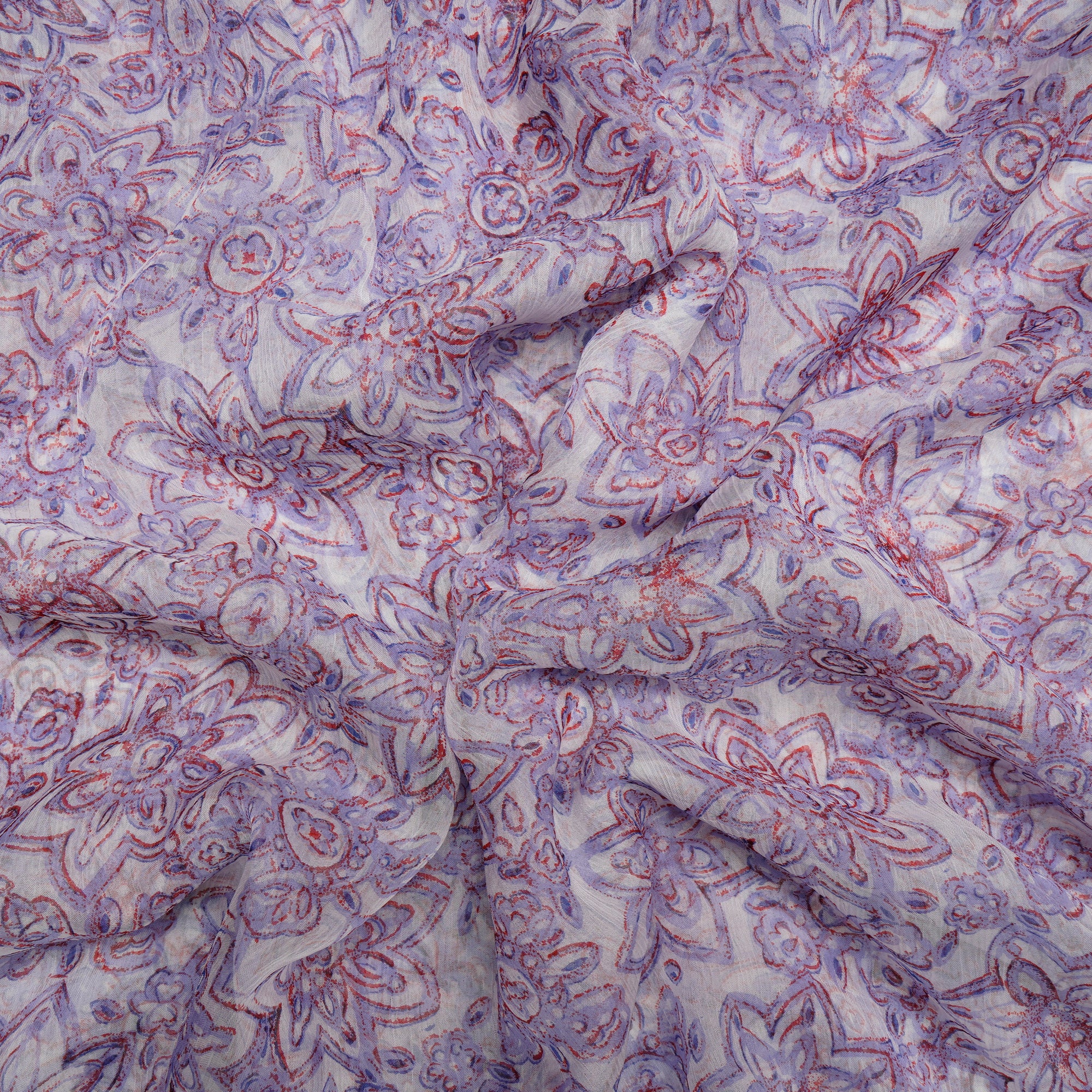 (Pre Cut 4 Mtr ) White-Purple Color Printed Viscose Chiffon Fabric