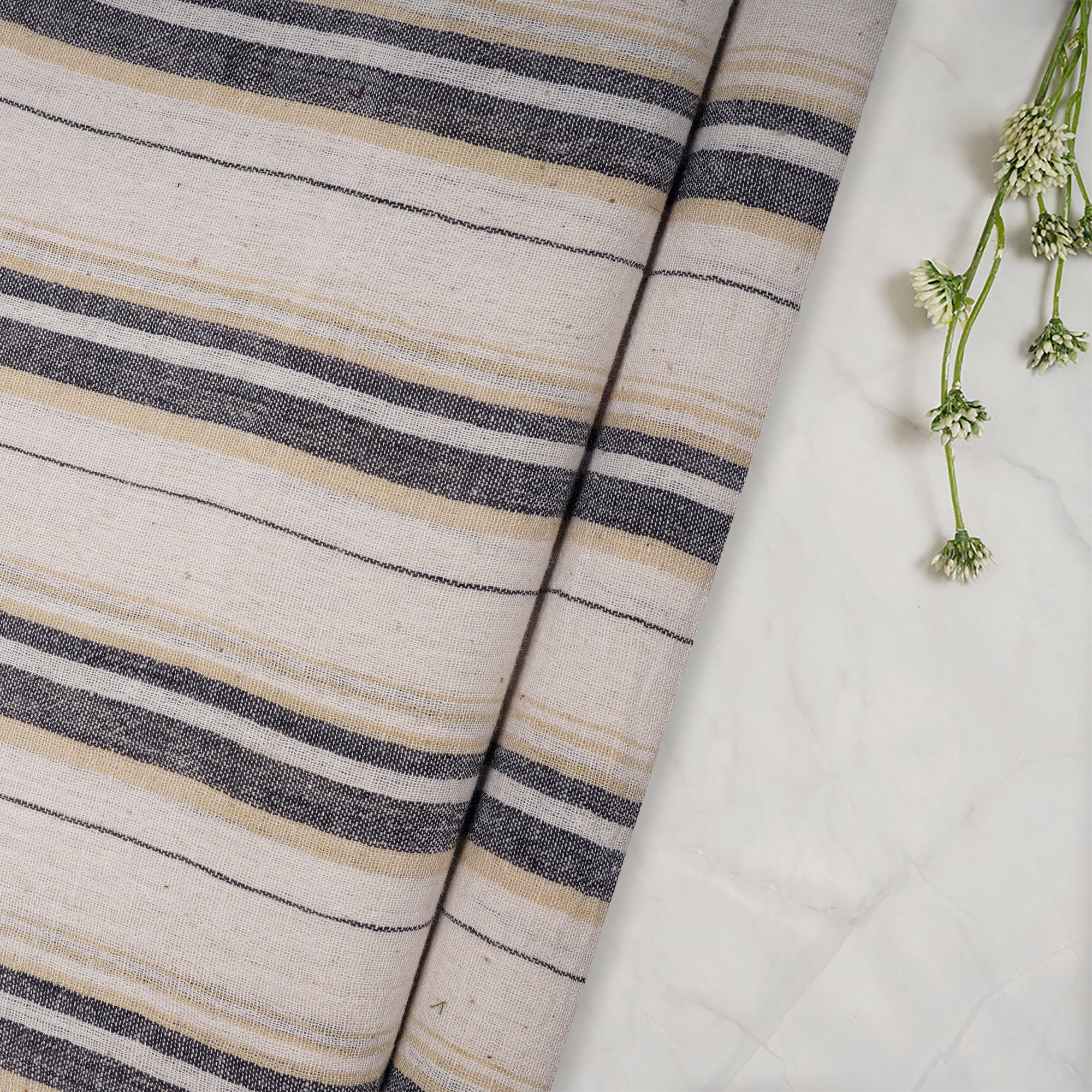 (Pre-Cut 1.50 Mtr) Off White-Black Color Handwoven Handspun Cotton Fabric