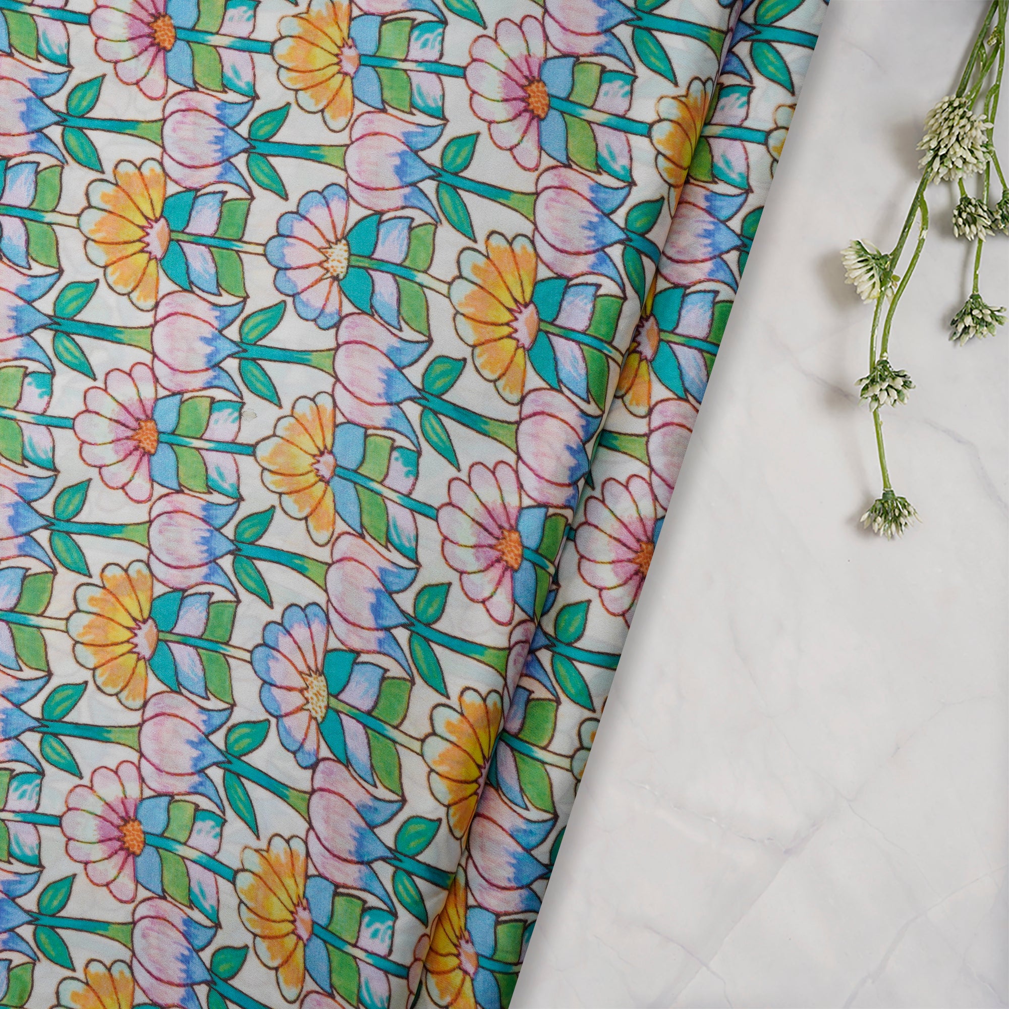 (Pre-Cut 4.10 Mtr) Multi Digital Printed Bemberg Satin Fabric