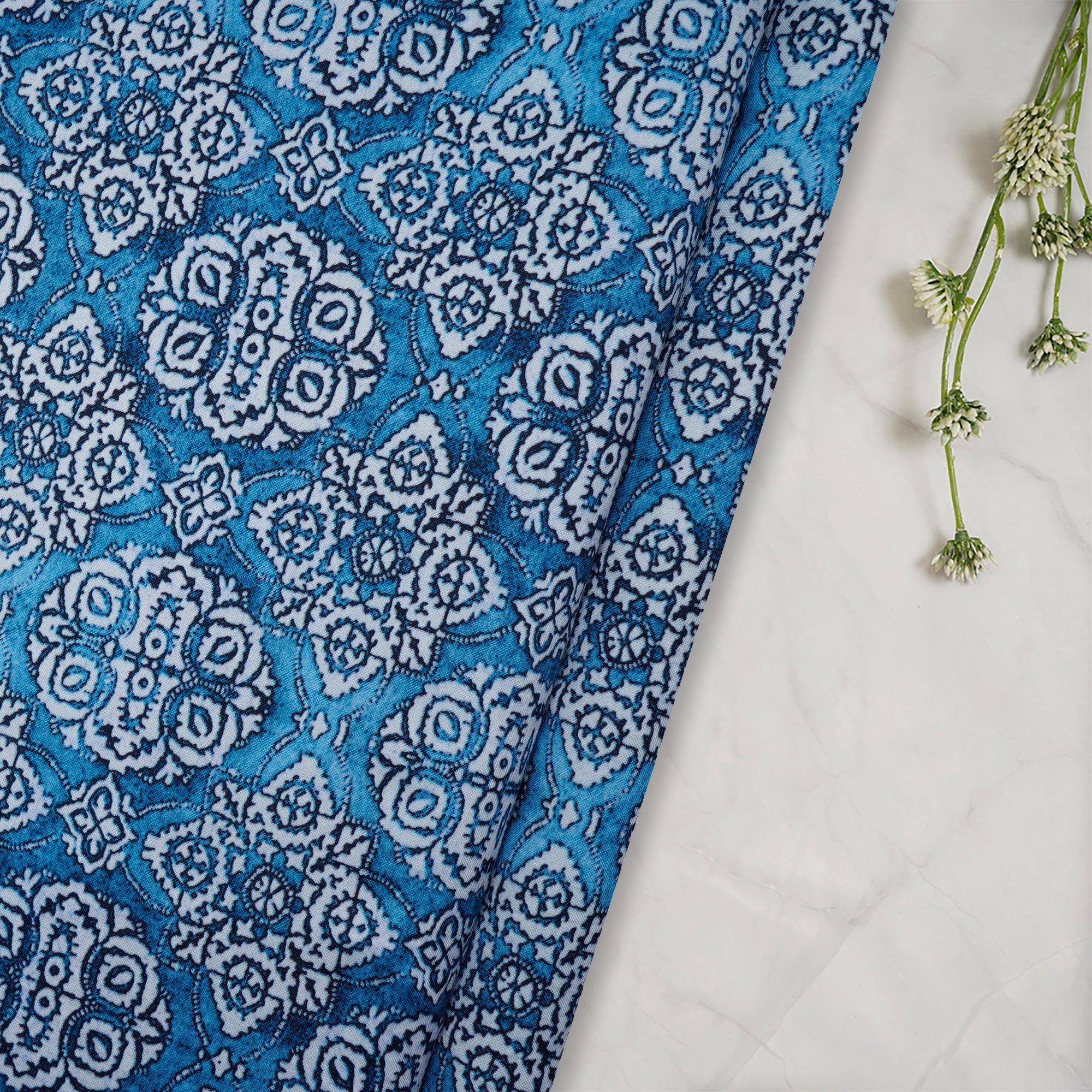 (Pre-Cut 1.70 Mtr ) Blue Digital Printed Satin Chanderi Fabric