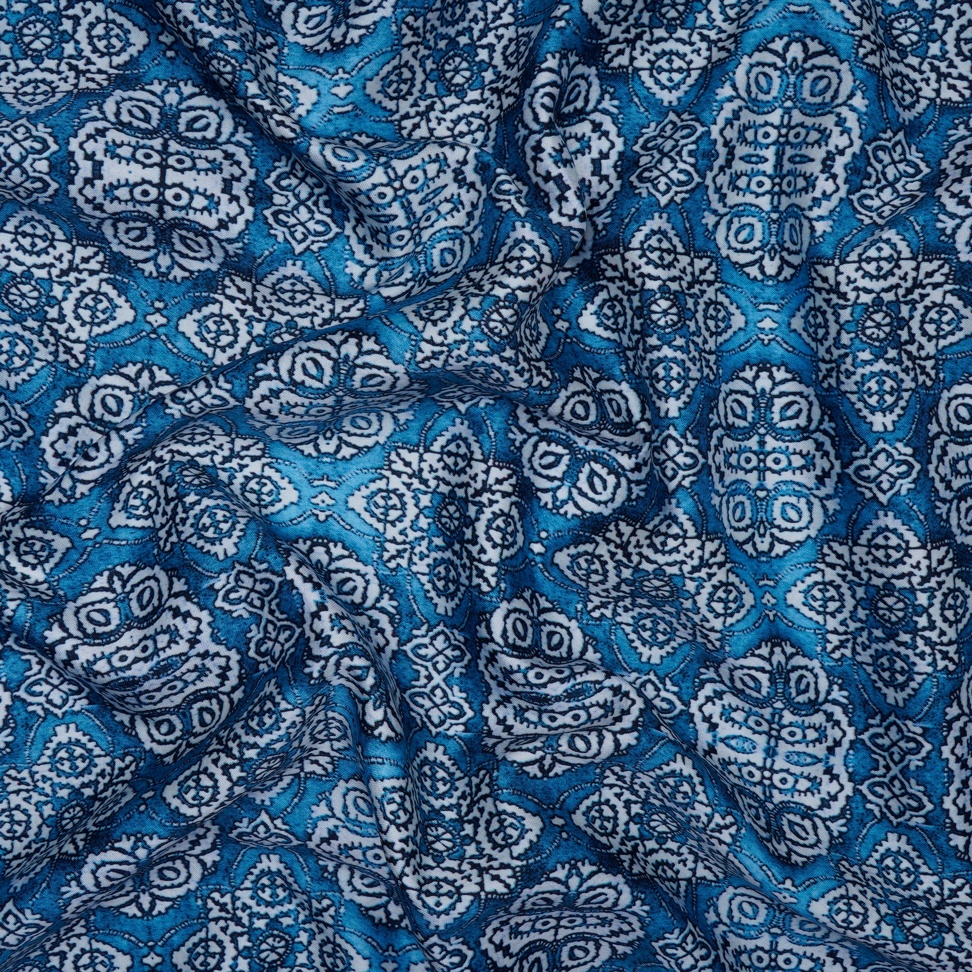 (Pre-Cut 1.70 Mtr ) Blue Digital Printed Satin Chanderi Fabric