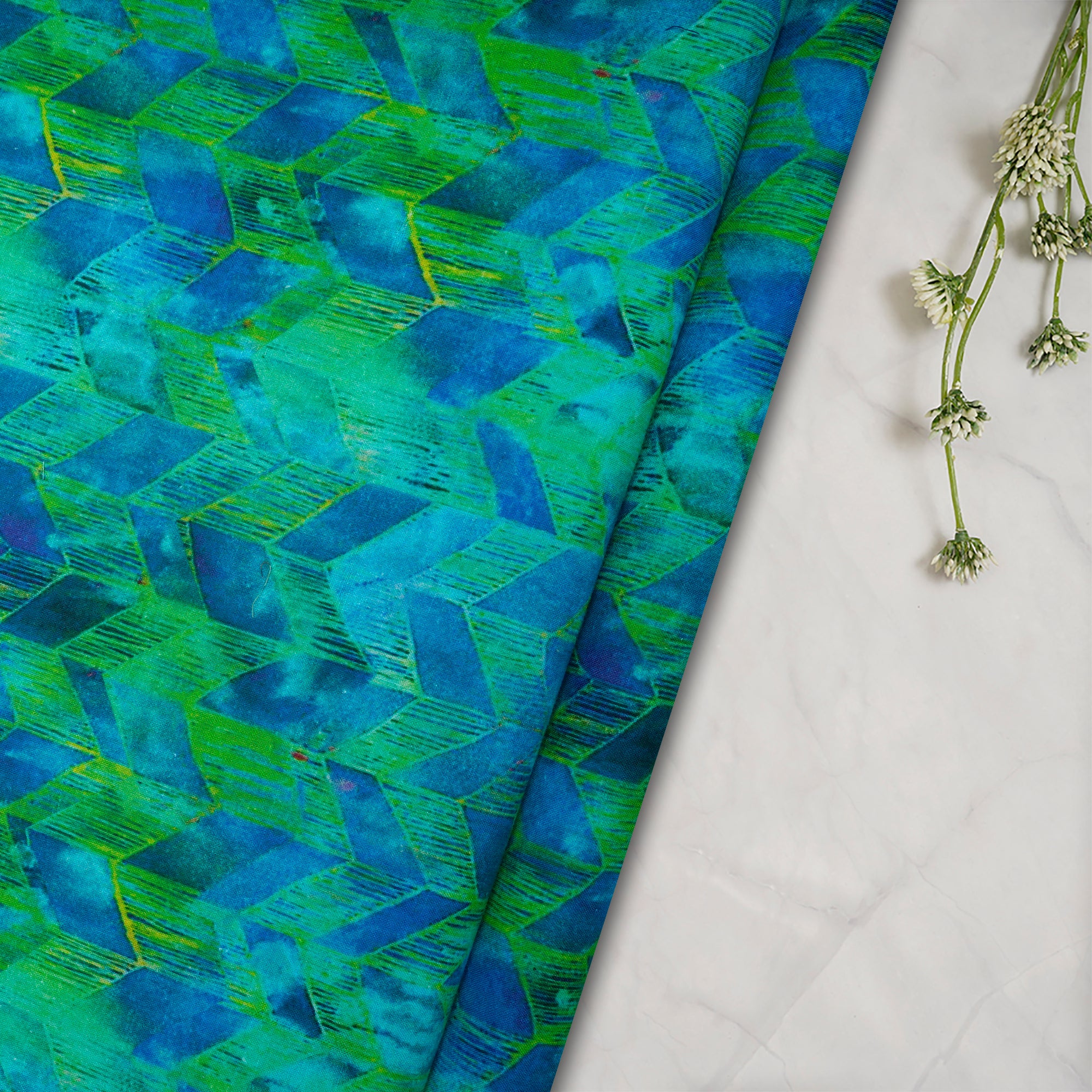 (Pre-Cut 2.40 Mtr) Green-Blue Digital Printed Cotton Fabric