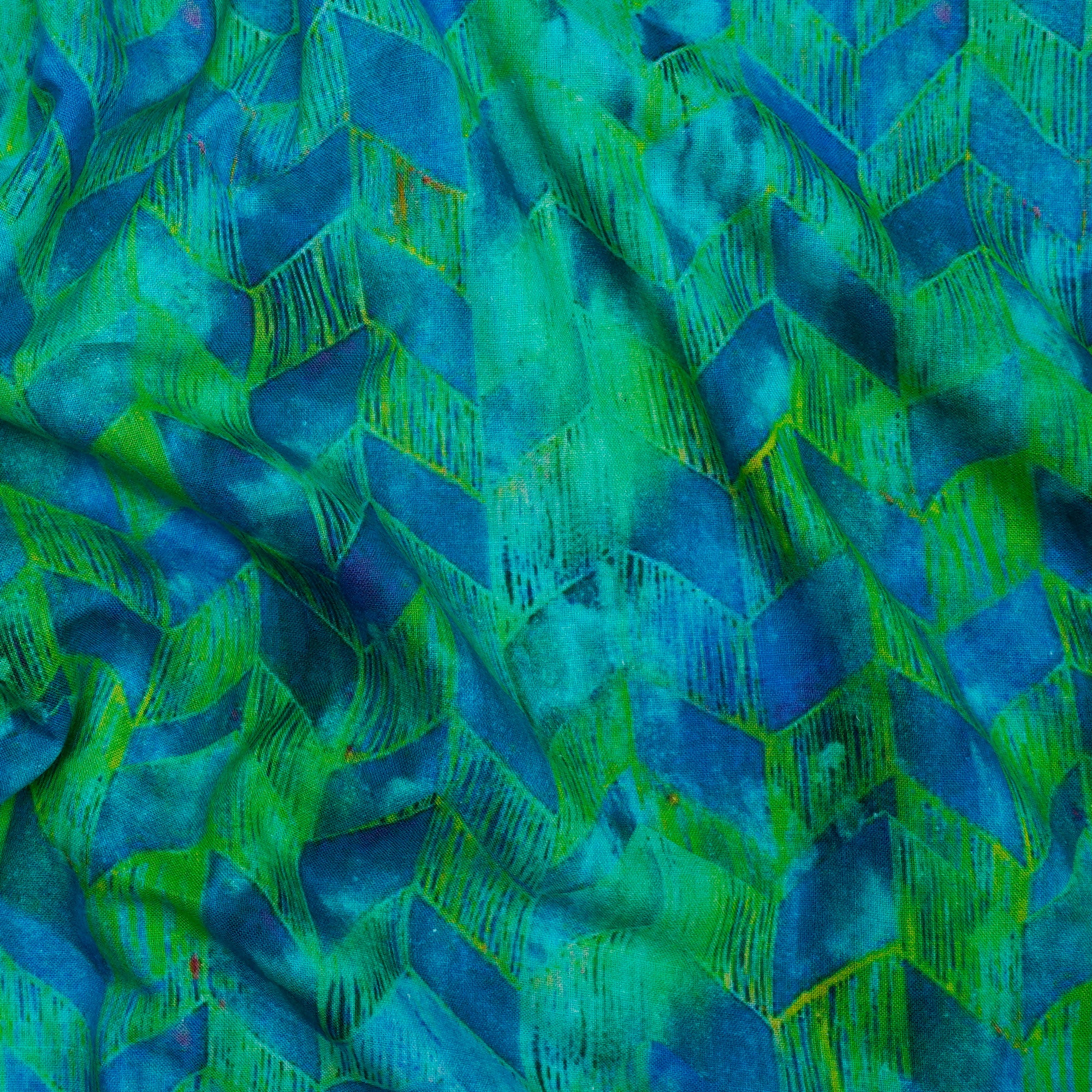 (Pre-Cut 2.40 Mtr) Green-Blue Digital Printed Cotton Fabric