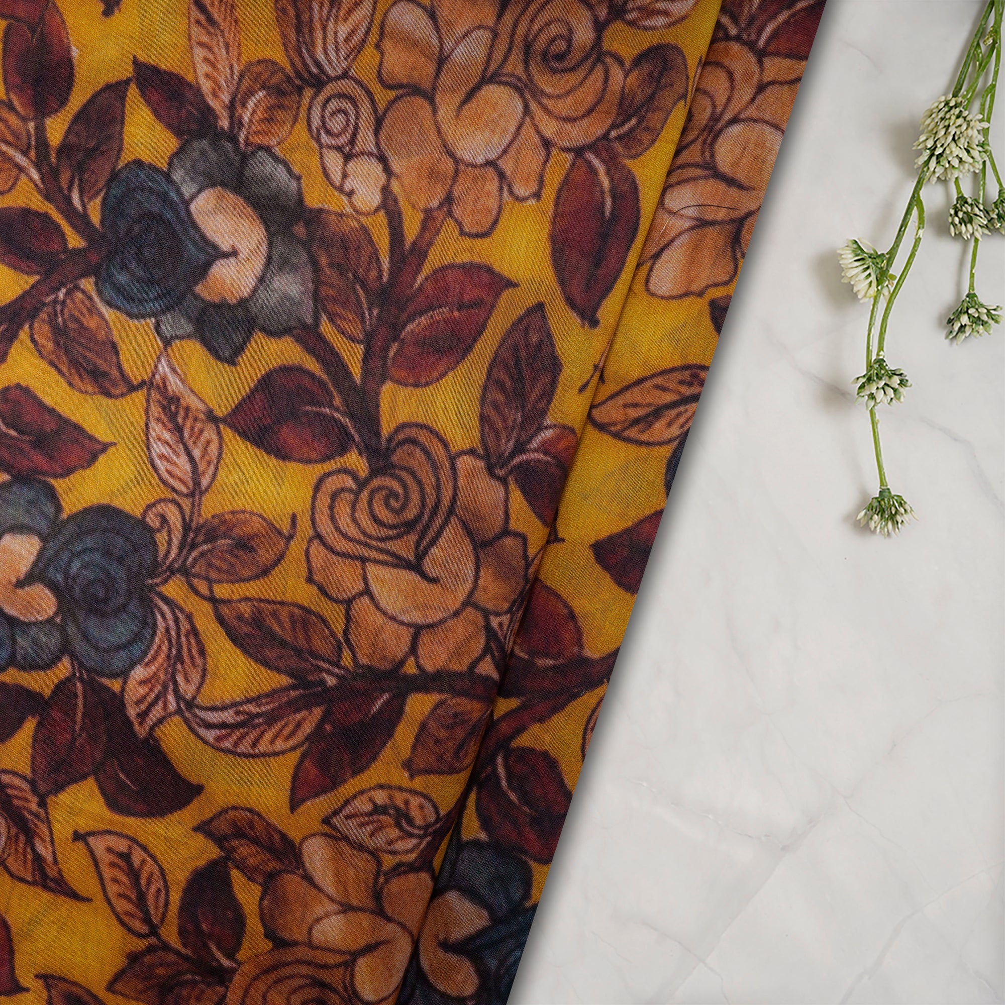 (Pre-Cut 2.35 Mtr) Mustard Digital Printed Pure Chanderi Fabric