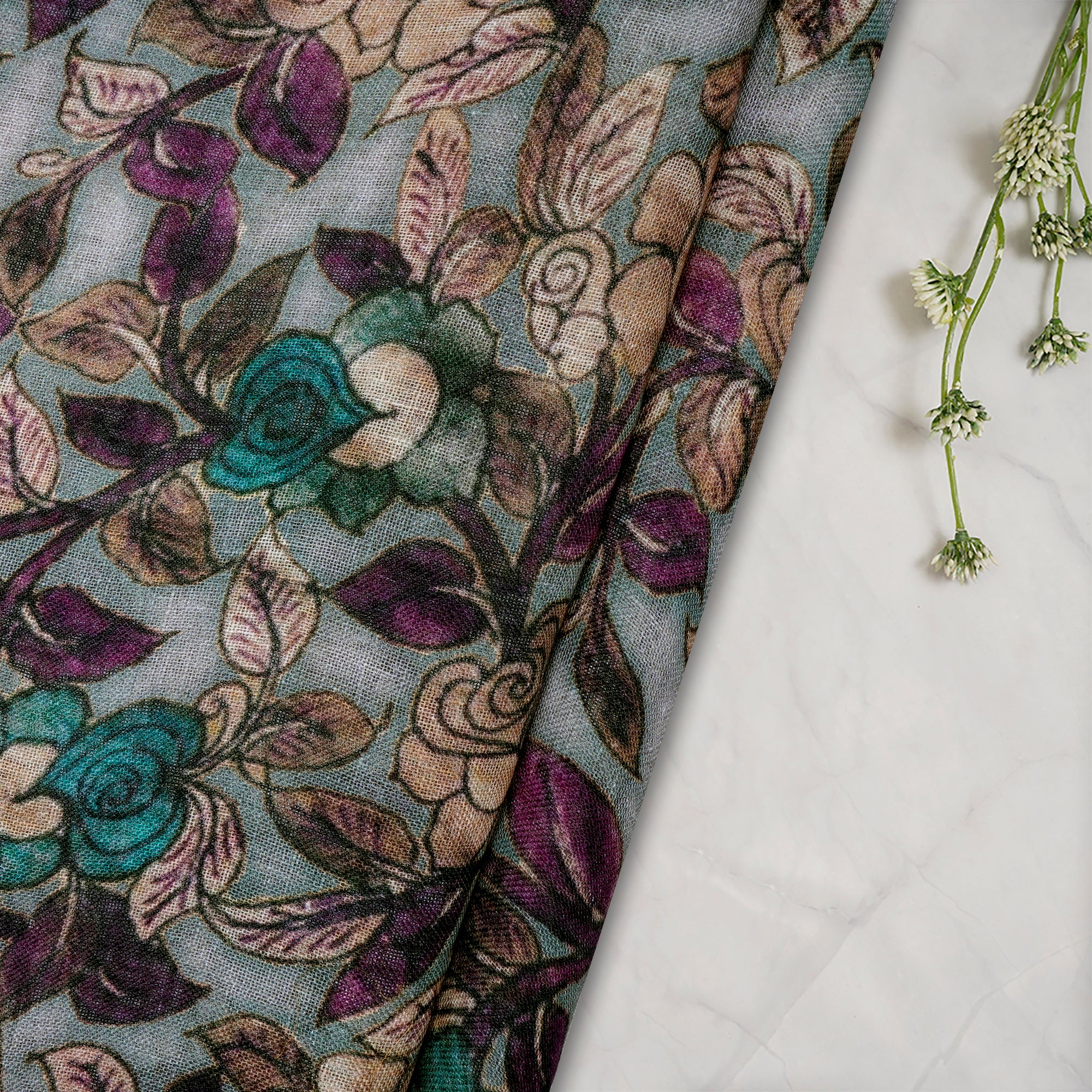 (Pre-Cut 1.95 Mtr) Sage Kalamkari Pattern Digital Printed Gauze Linen Fabric