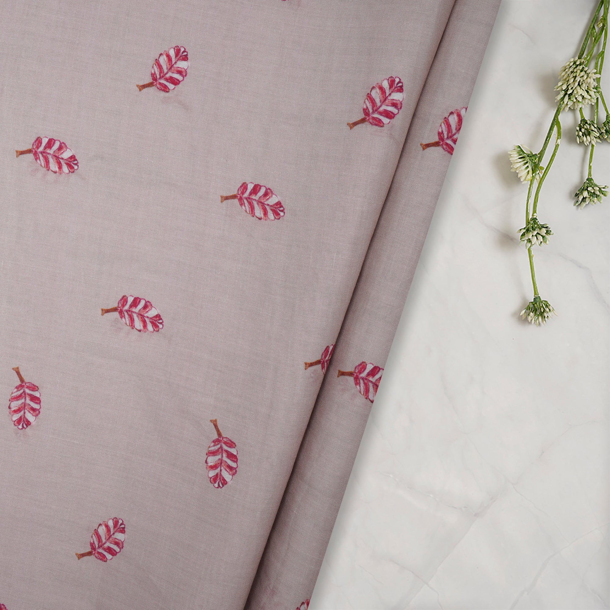 (Pre-Cut 2.50 Mtr) Beige Color Digital Printed Ramie Tencel Fabric