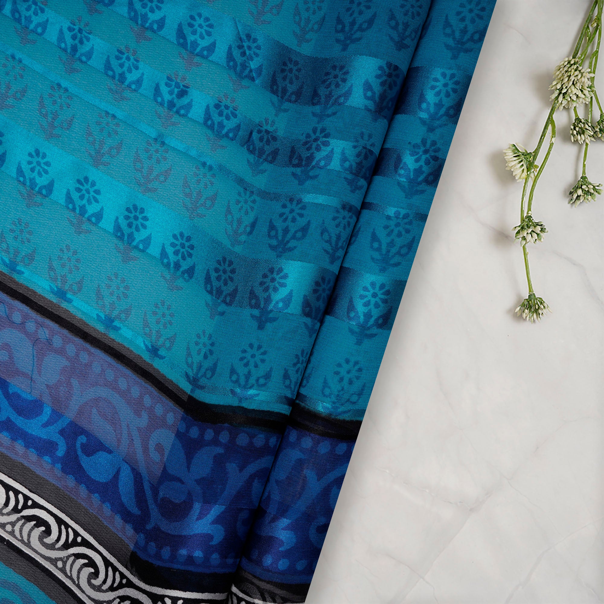 (Pre-Cut 0.65 Mtr ) Blue Printed Georgette Satin Fabric