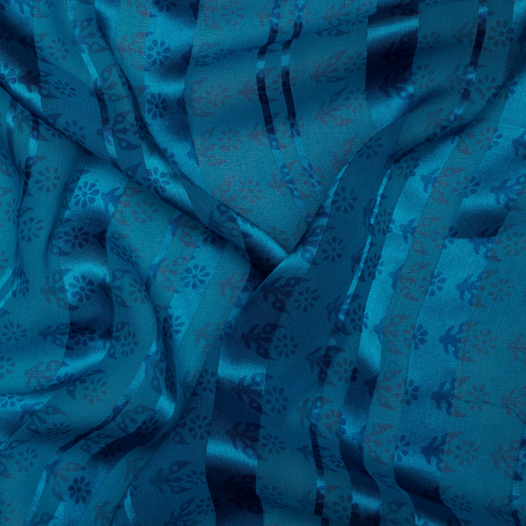 (Pre-Cut 0.65 Mtr ) Blue Printed Georgette Satin Fabric