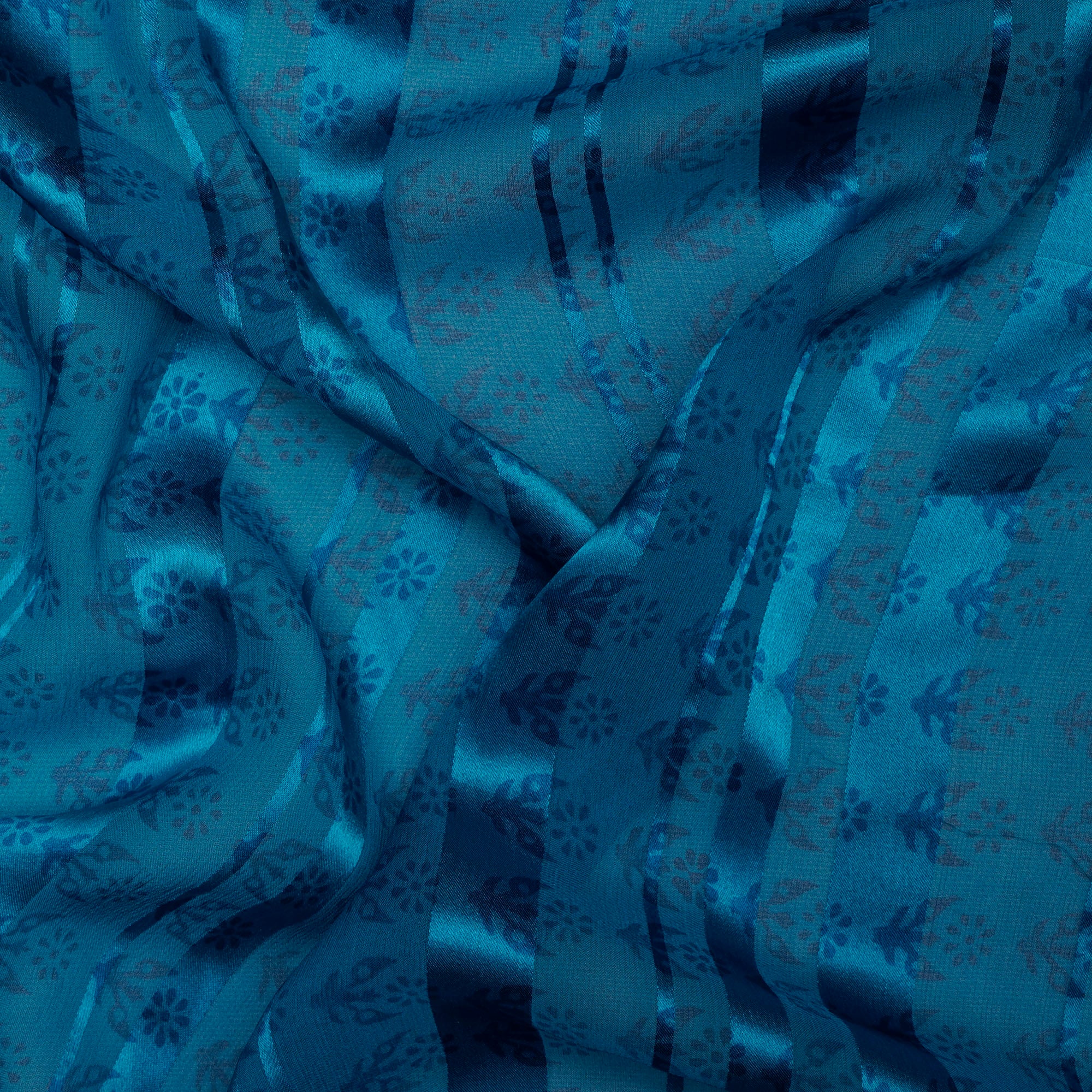 (Pre-Cut 0.65 Mtr ) Blue Printed Georgette Satin Fabric