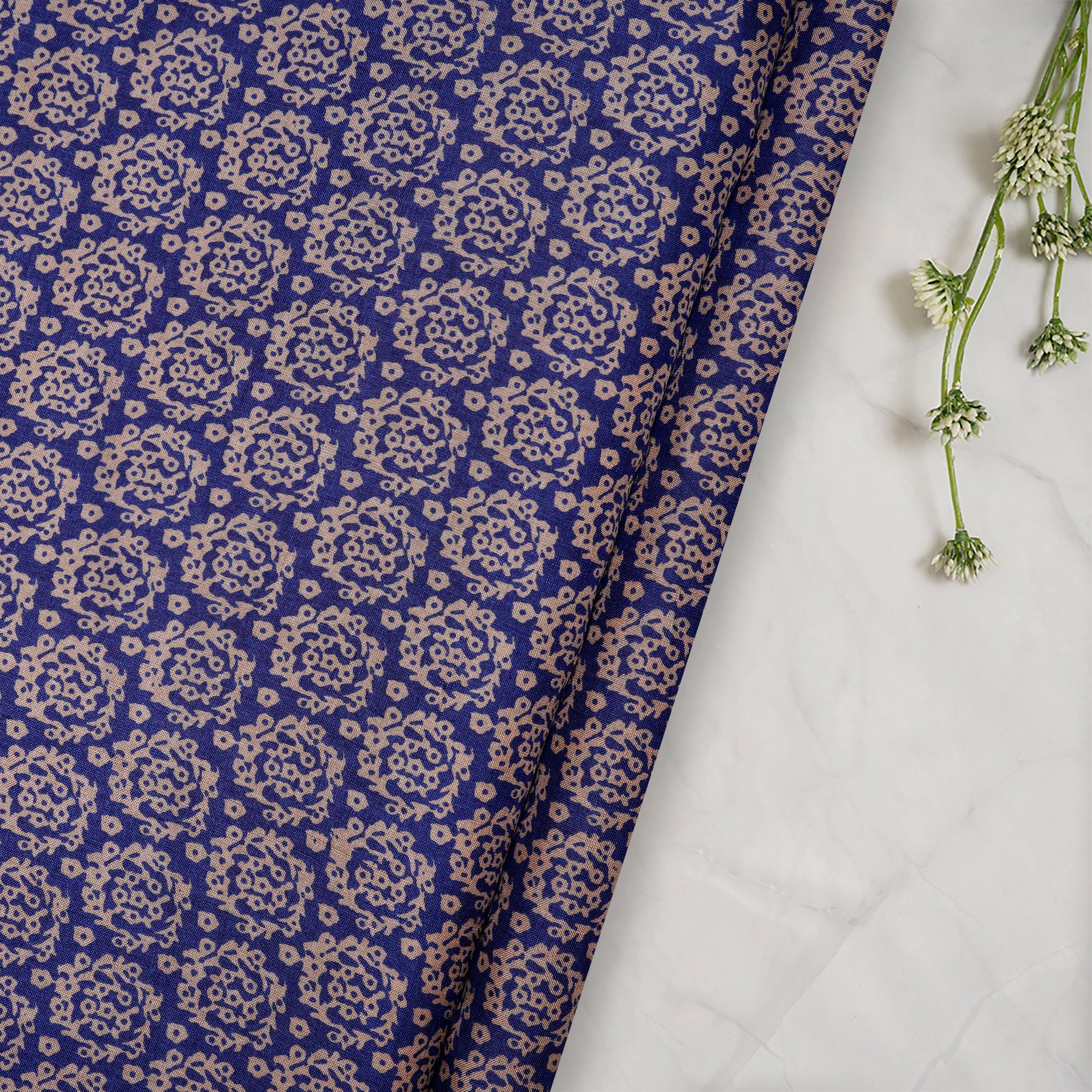 (Pre-Cut 2.50 Mtr) Blue Printed Tussar Silk Fabric