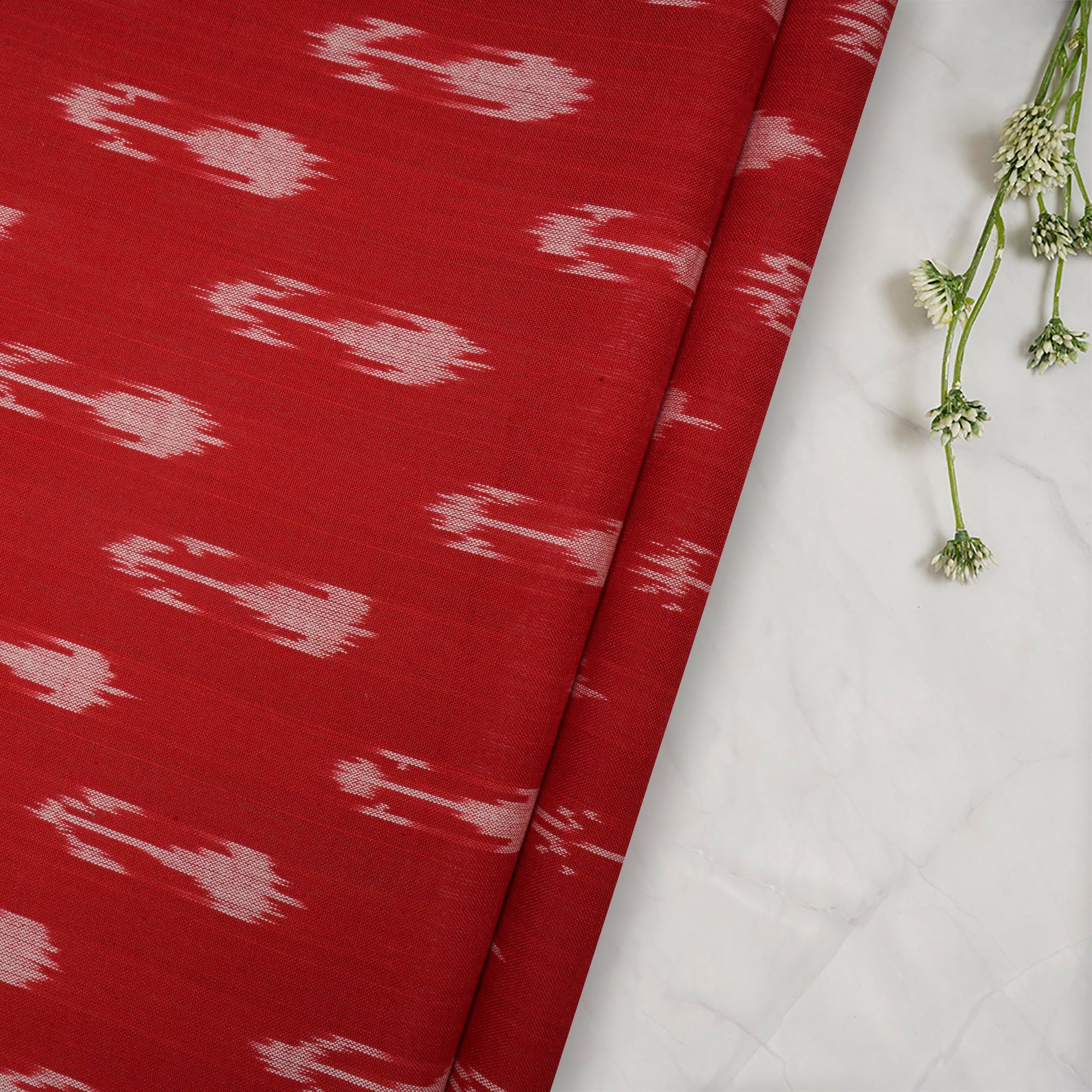 (Pre-Cut 0.60 Mtr) Red Washed Woven Ikat Cotton Fabric