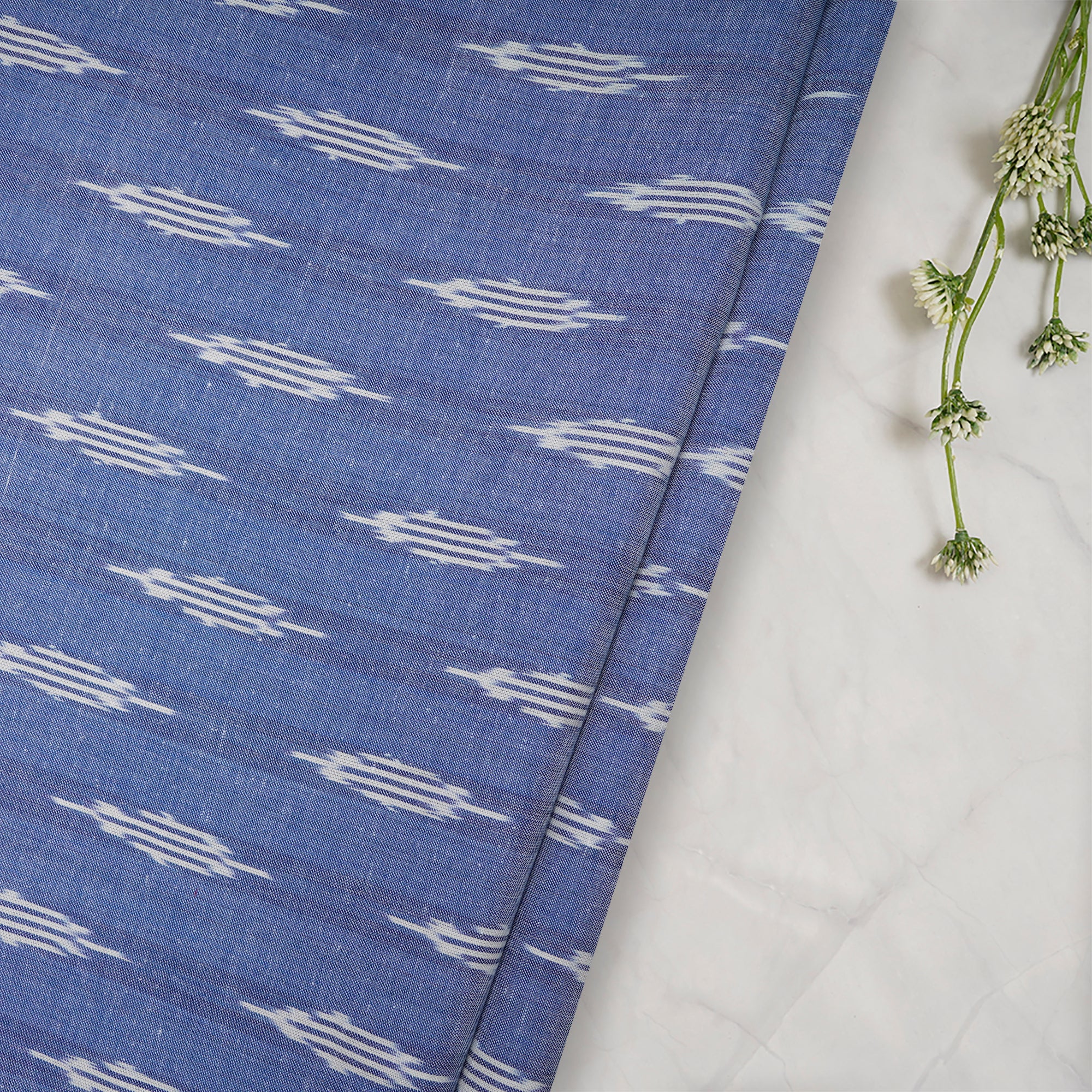 (Pre-Cut 2.00 Mtr ) Blue Washed Woven Ikat Cotton Fabric