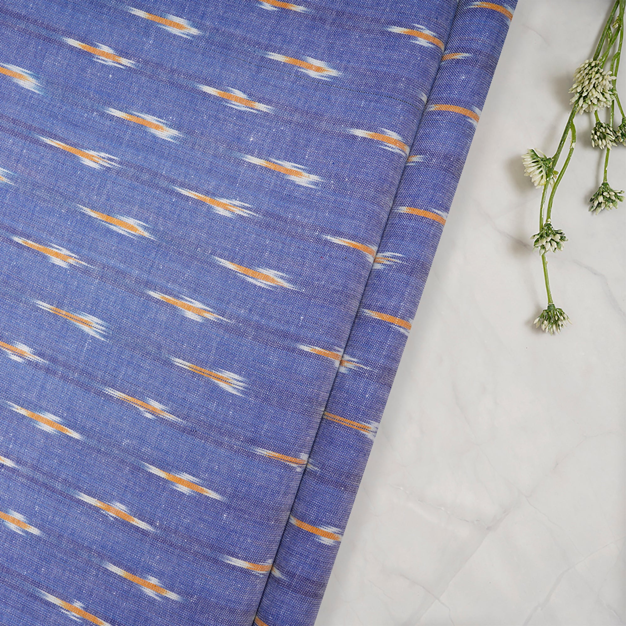 (Pre Cut 2.00Mtr )Light Blue Washed Woven Ikat Cotton Fabric