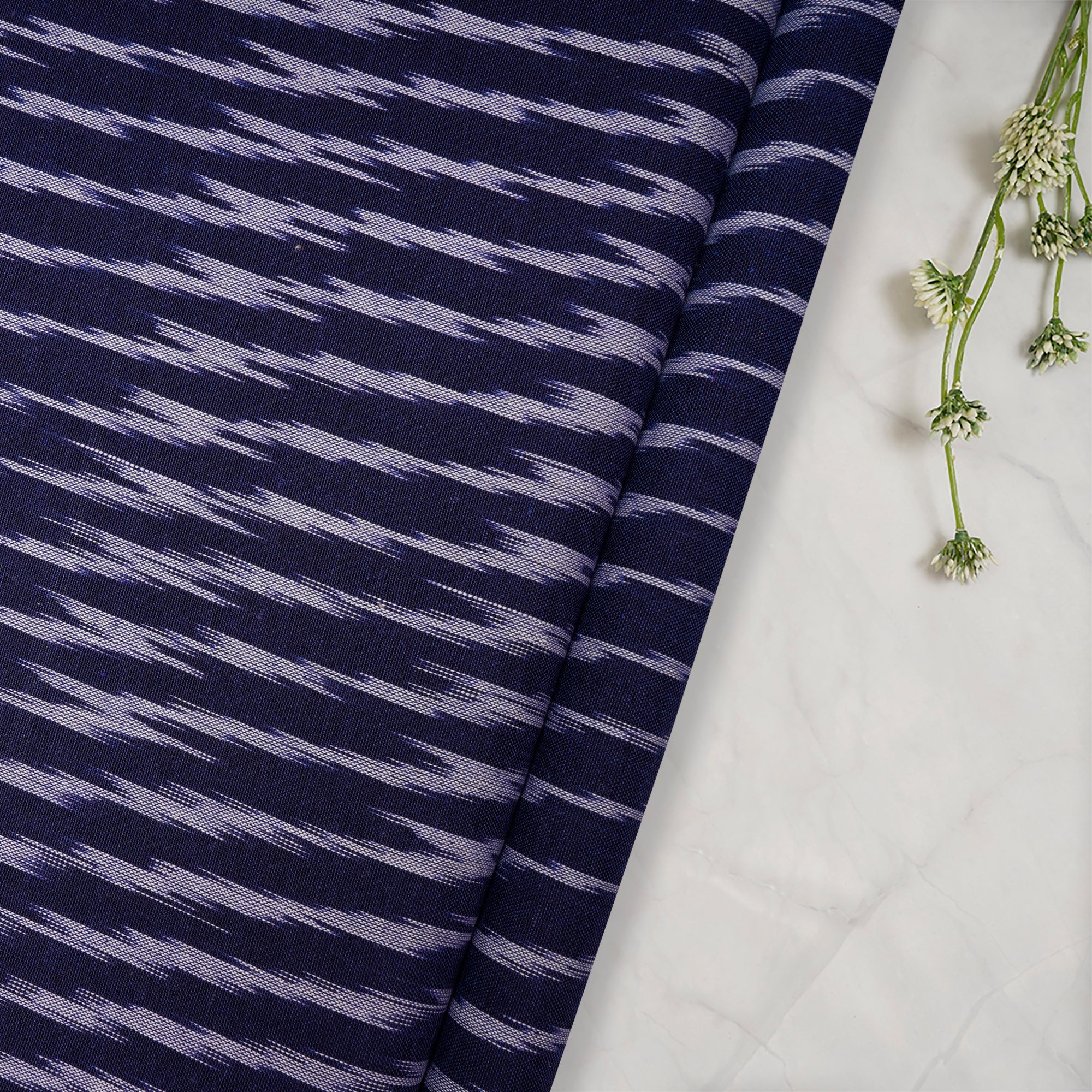 (Pre-Cut 2.50 Mtr )Navy Washed Woven Ikat Cotton Fabric