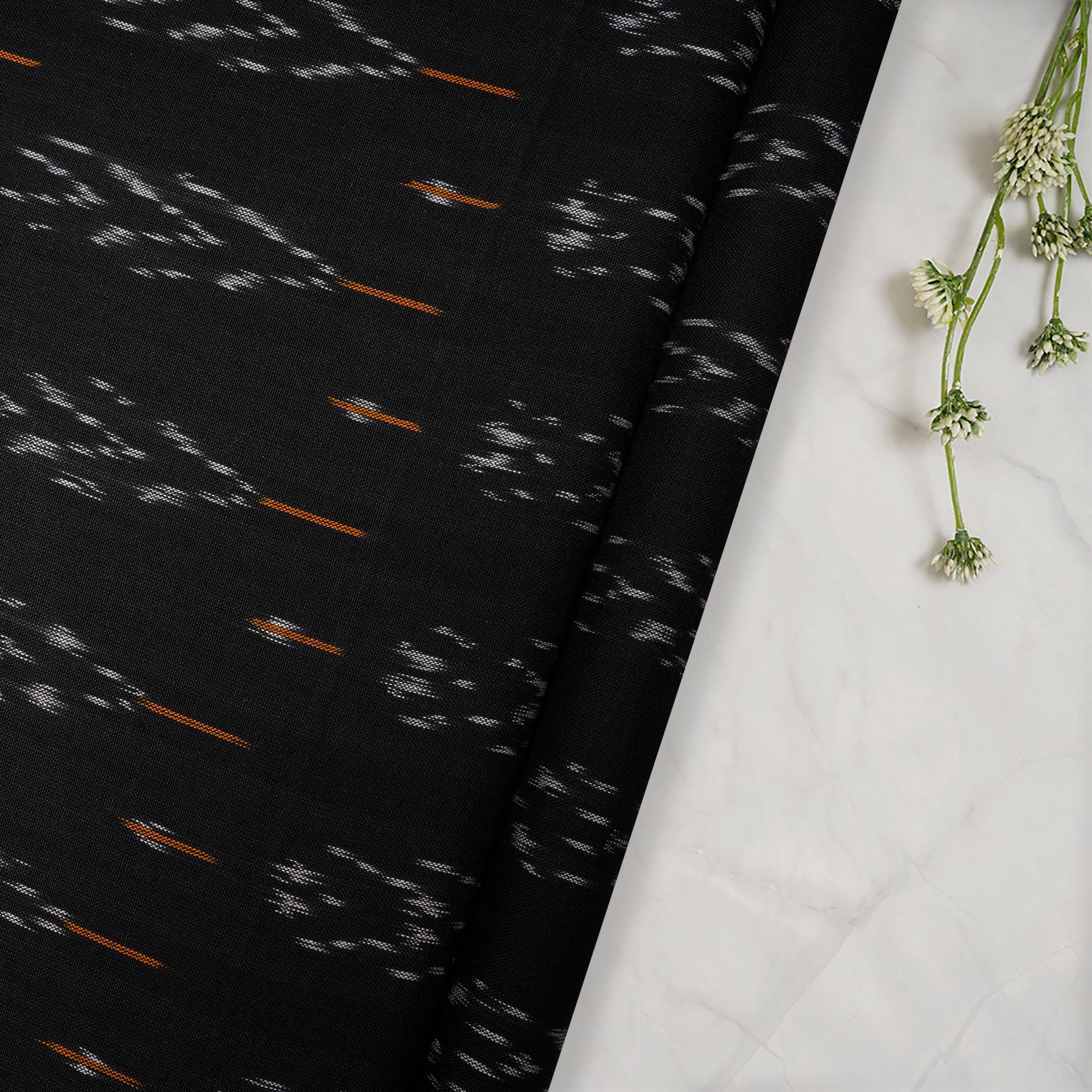 (Pre-Cut 2.50 Mtr )Black Washed Woven Ikat Cotton Fabric