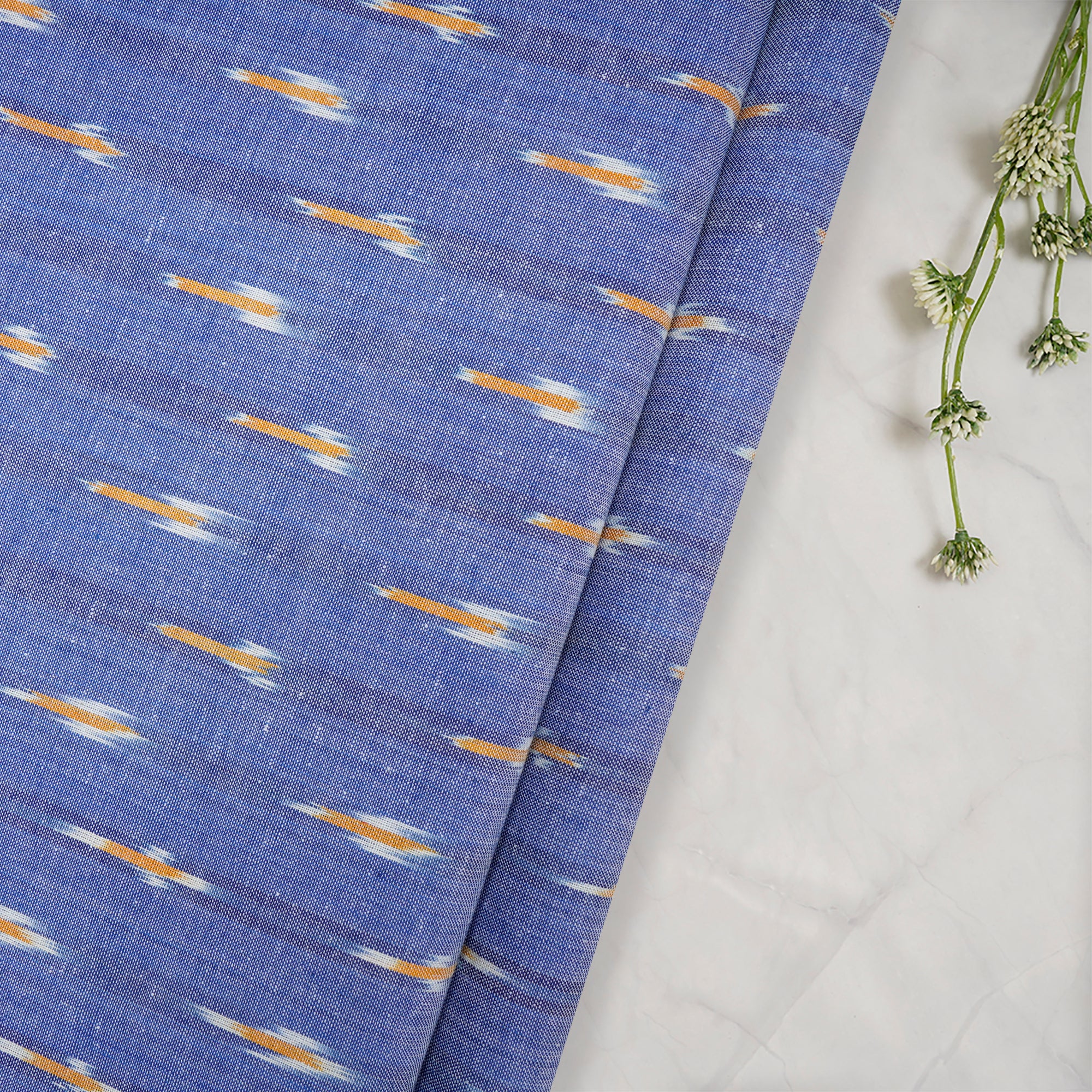 (Pre Cut 2.50 Mtr )Light Blue Washed Woven Ikat Cotton Fabric