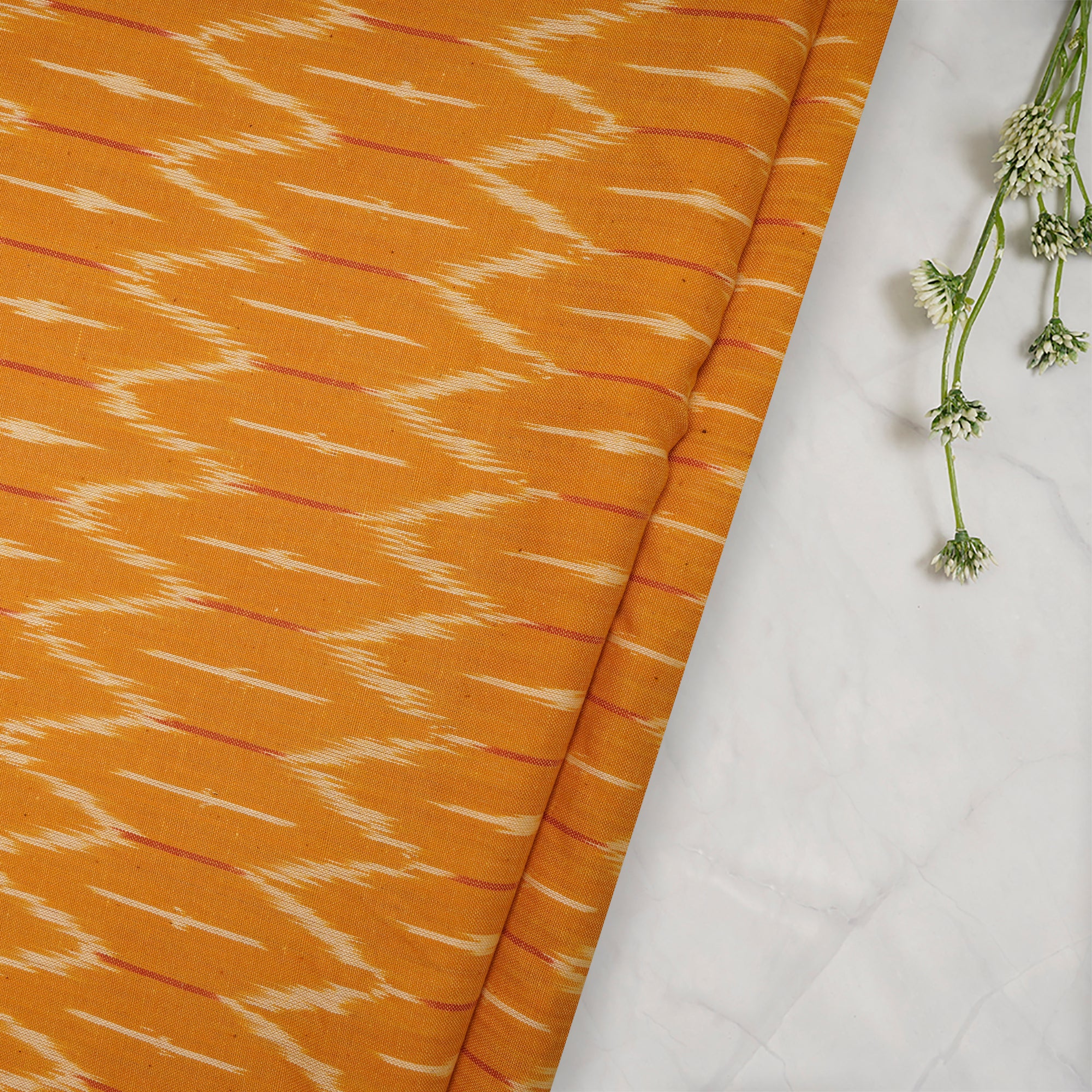 (Pre-Cut 0.90 Mtr ) Marigold Washed Woven Ikat Cotton Fabric