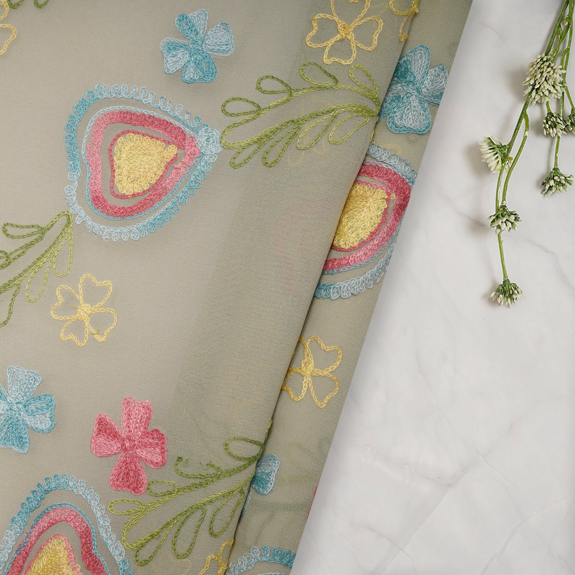 (Pre-Cut 2.00 Mtr) Moss Embroidered Georgette Fabric