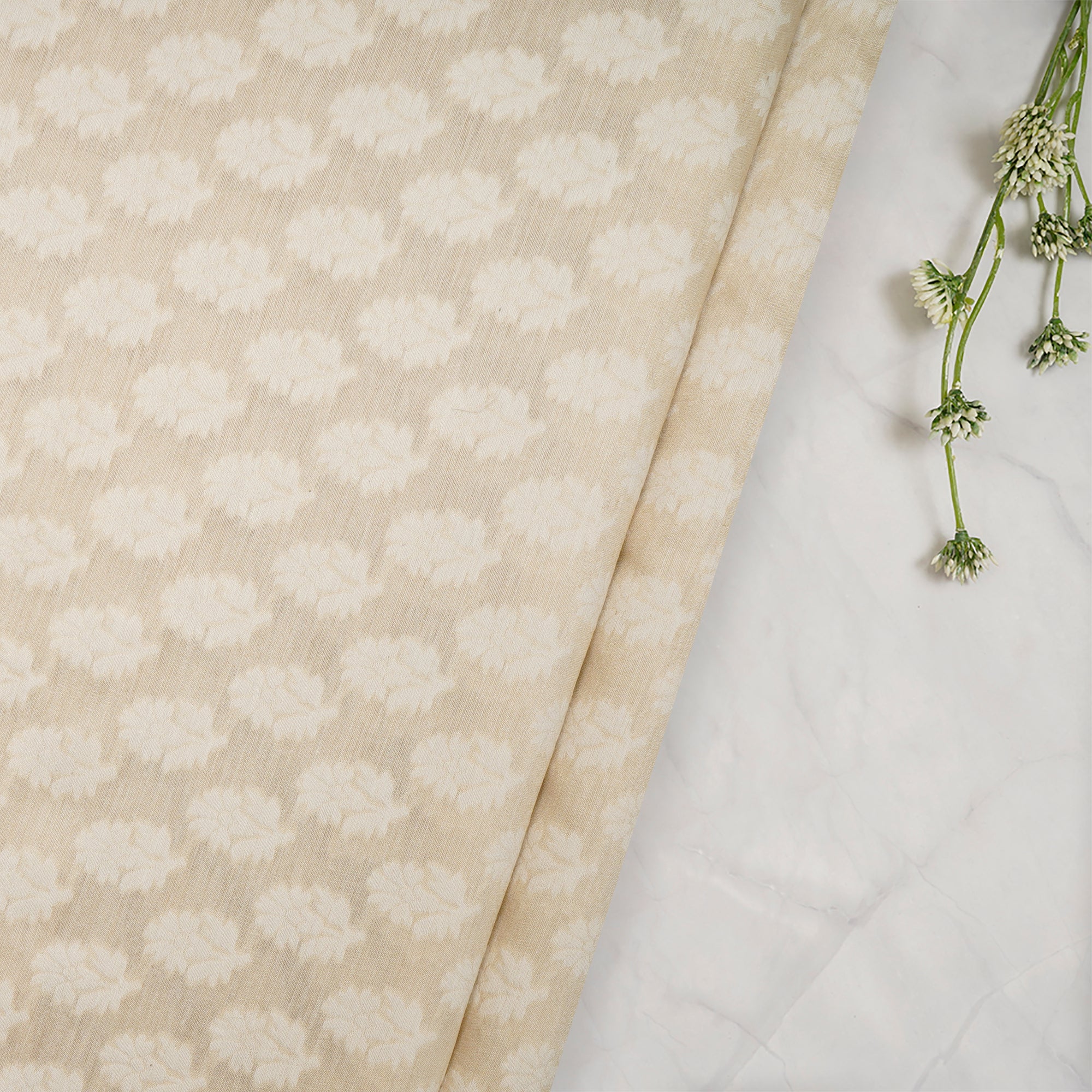 (Pre-Cut 2.50 Mtr) Beige-White Muga Silk Jacquard Fabric