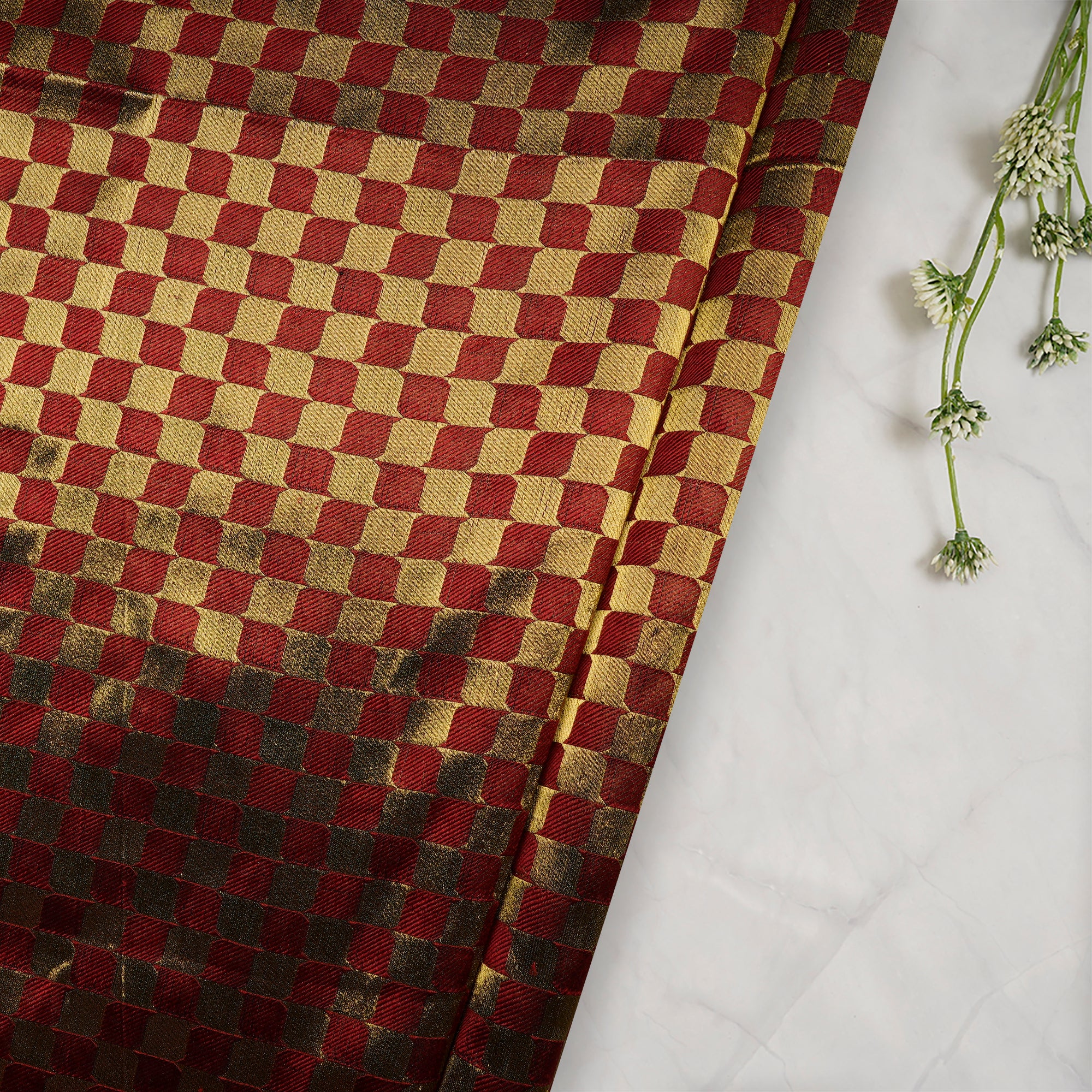 ( Pre Cut 1.00 Mtr ) Red-Goldenen Color Handwoven Brocade Fabric