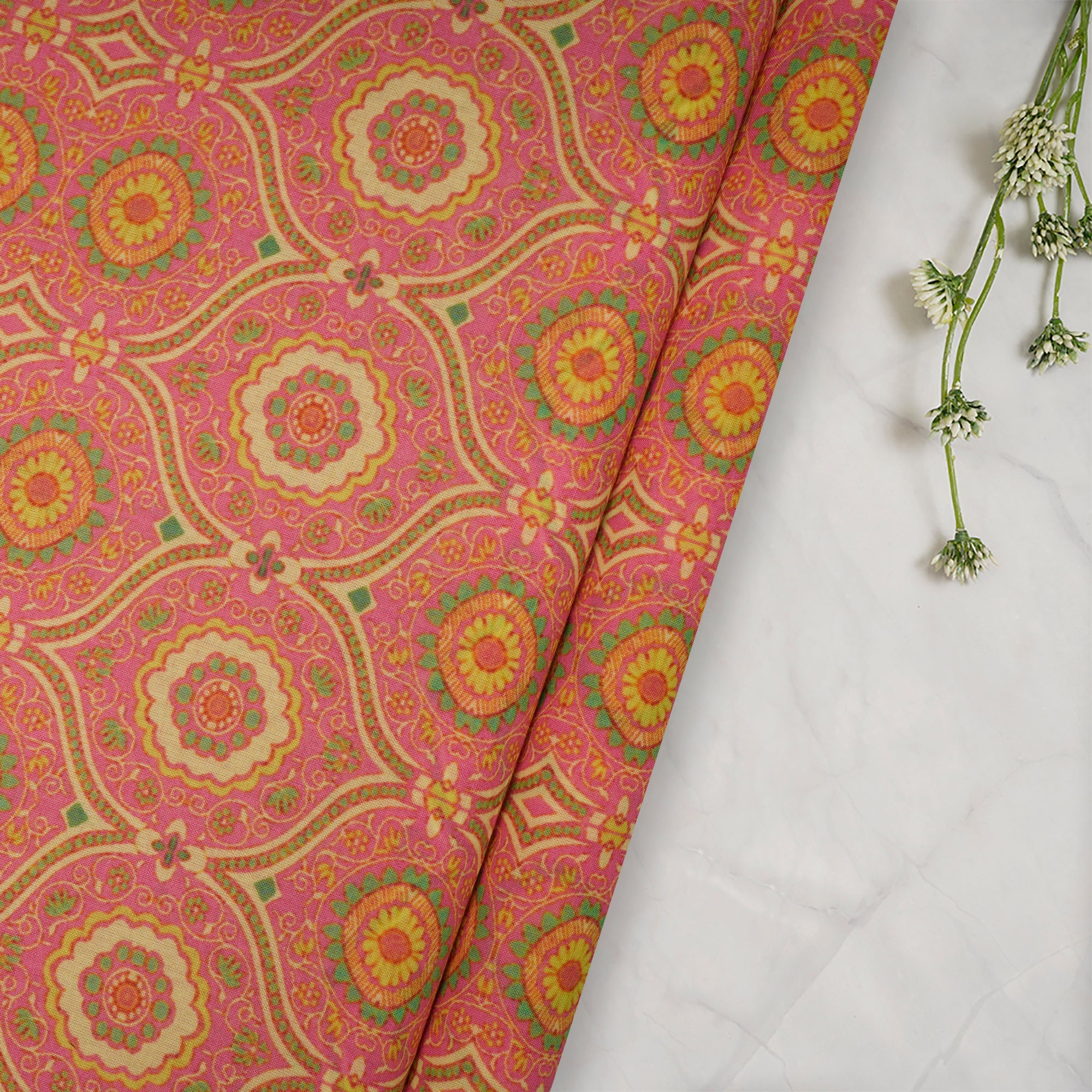 (Pre-Cut 3.00 Mtr) Pink Printed Tussar Chanderi Fabric