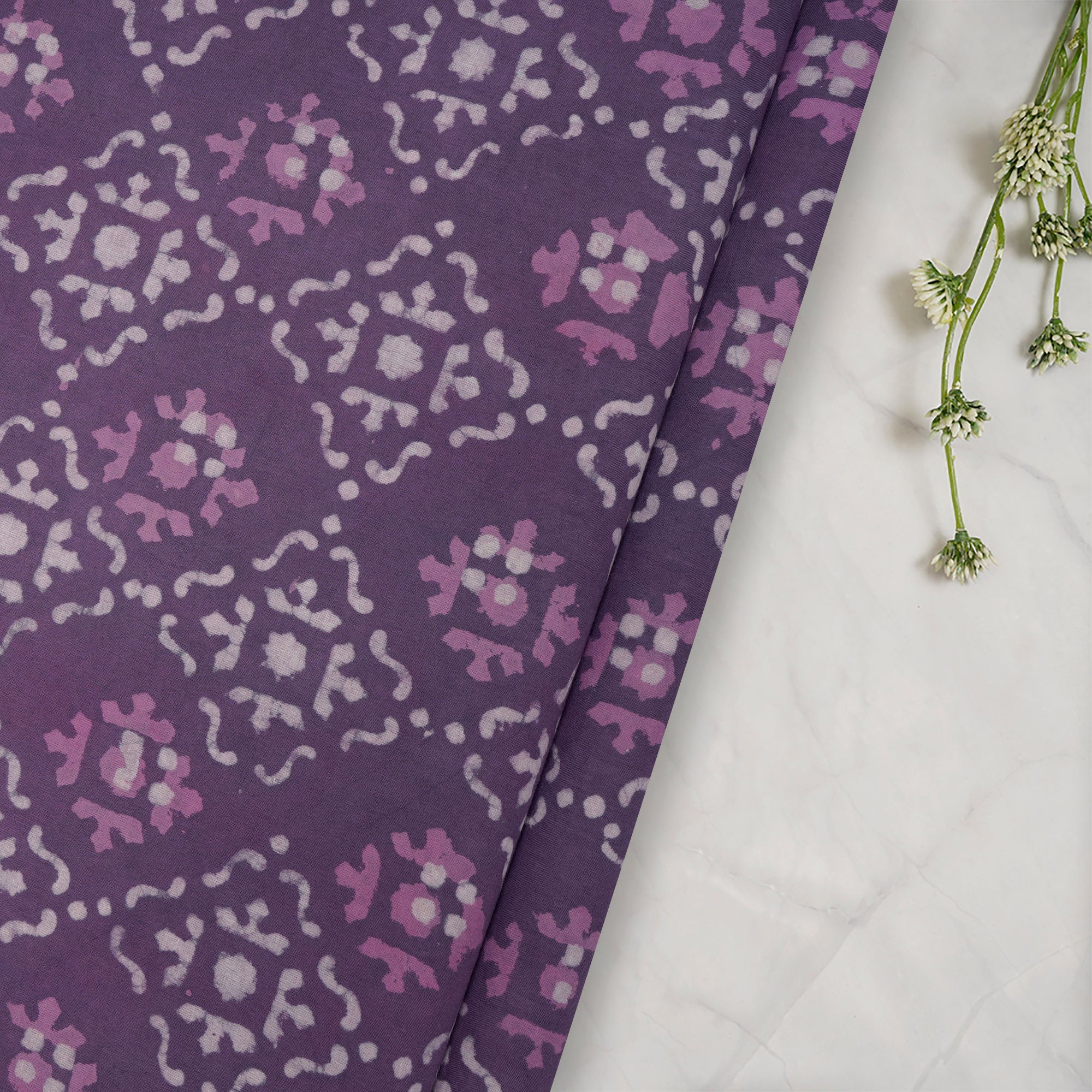 (Pre-Cut 0.75 Mtr) Lilac Hand Block Natural Dye Bagru Dabu Printed Cotton Fabric