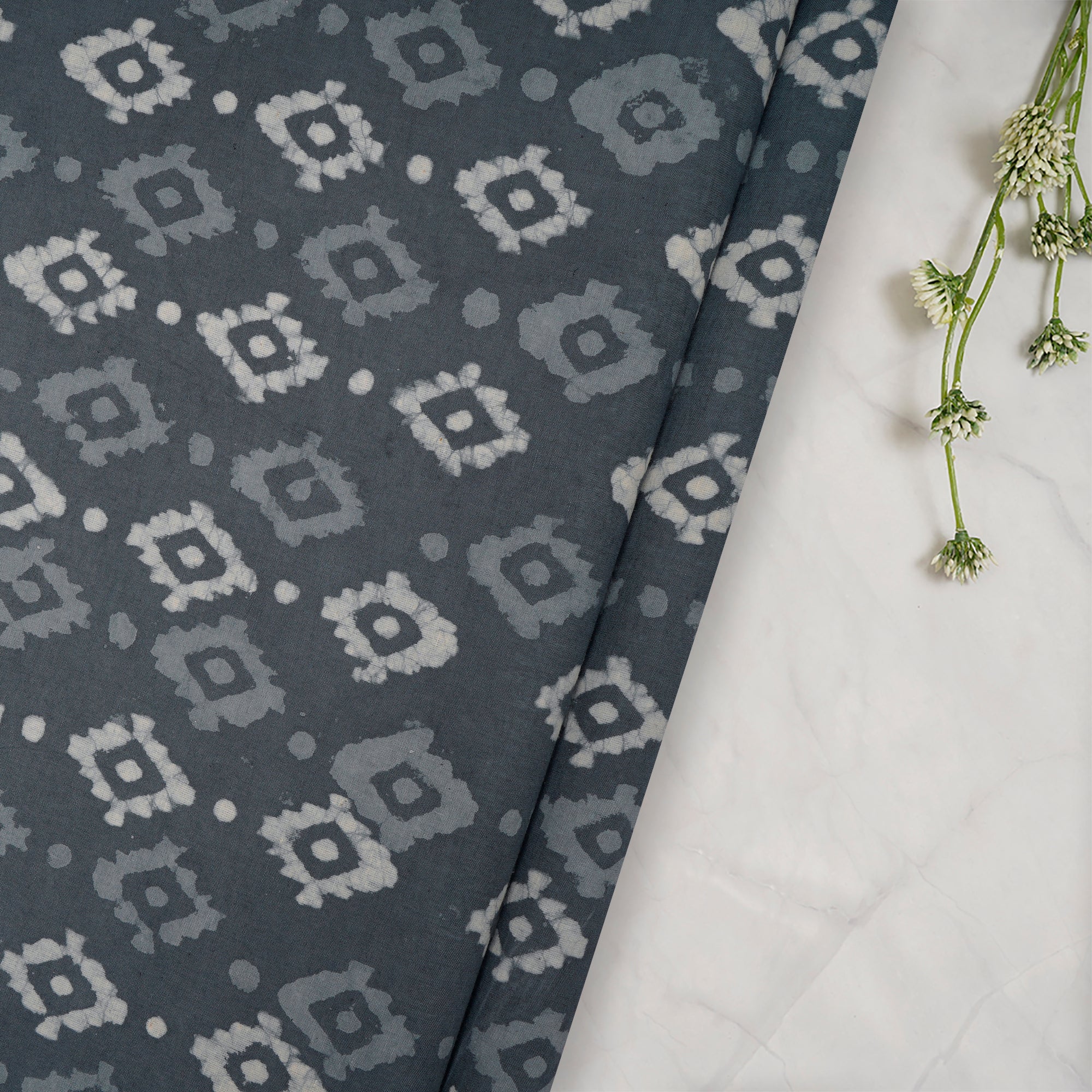 (Pre-Cut 0.75 Mtr) Grey Hand Block Natural Dye Bagru Dabu Printed Cotton Fabric