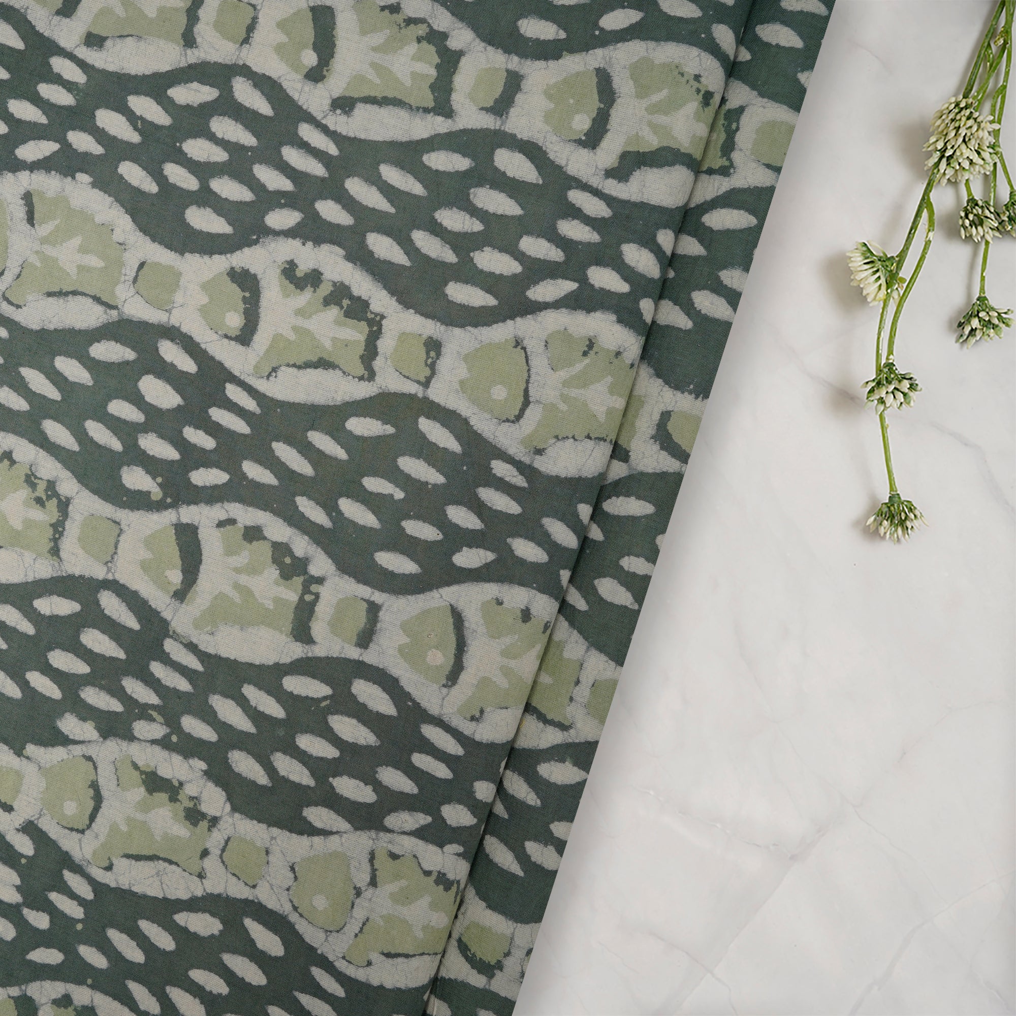(Pre-Cut 1.20 Mtr) Green Hand Block Natural Dye Bagru Dabu Printed Cotton Fabric