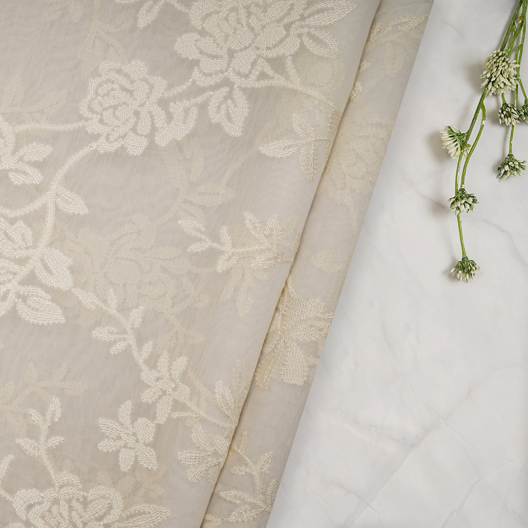 (Pre-Cut 2.30 Mtr) White Embroidered Chanderi Fabric