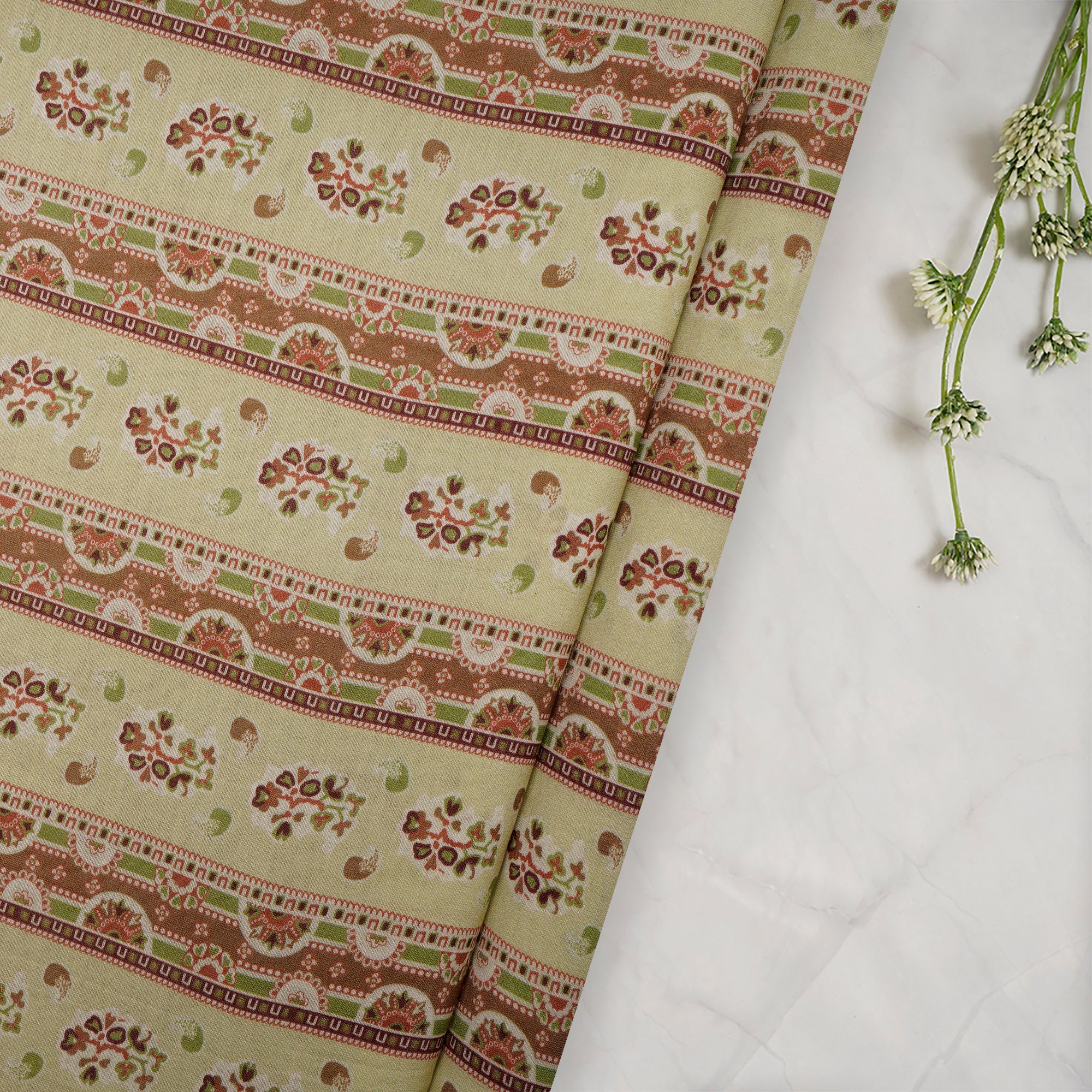 (Pre-Cut 1.00 Mtr) Lime Green Digital Printed Pure Chanderi Fabric
